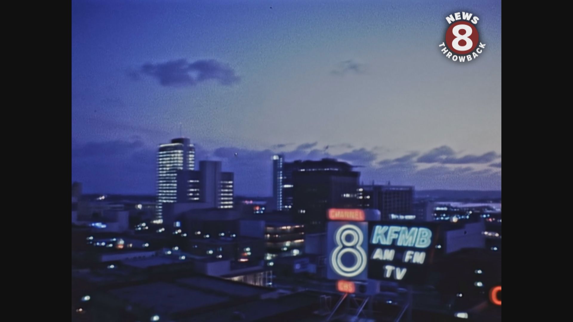 April 1966 city skyline with lots of neon lights...including Spreckels Theater, El Cortez Hotel, and KFMB TV 8.