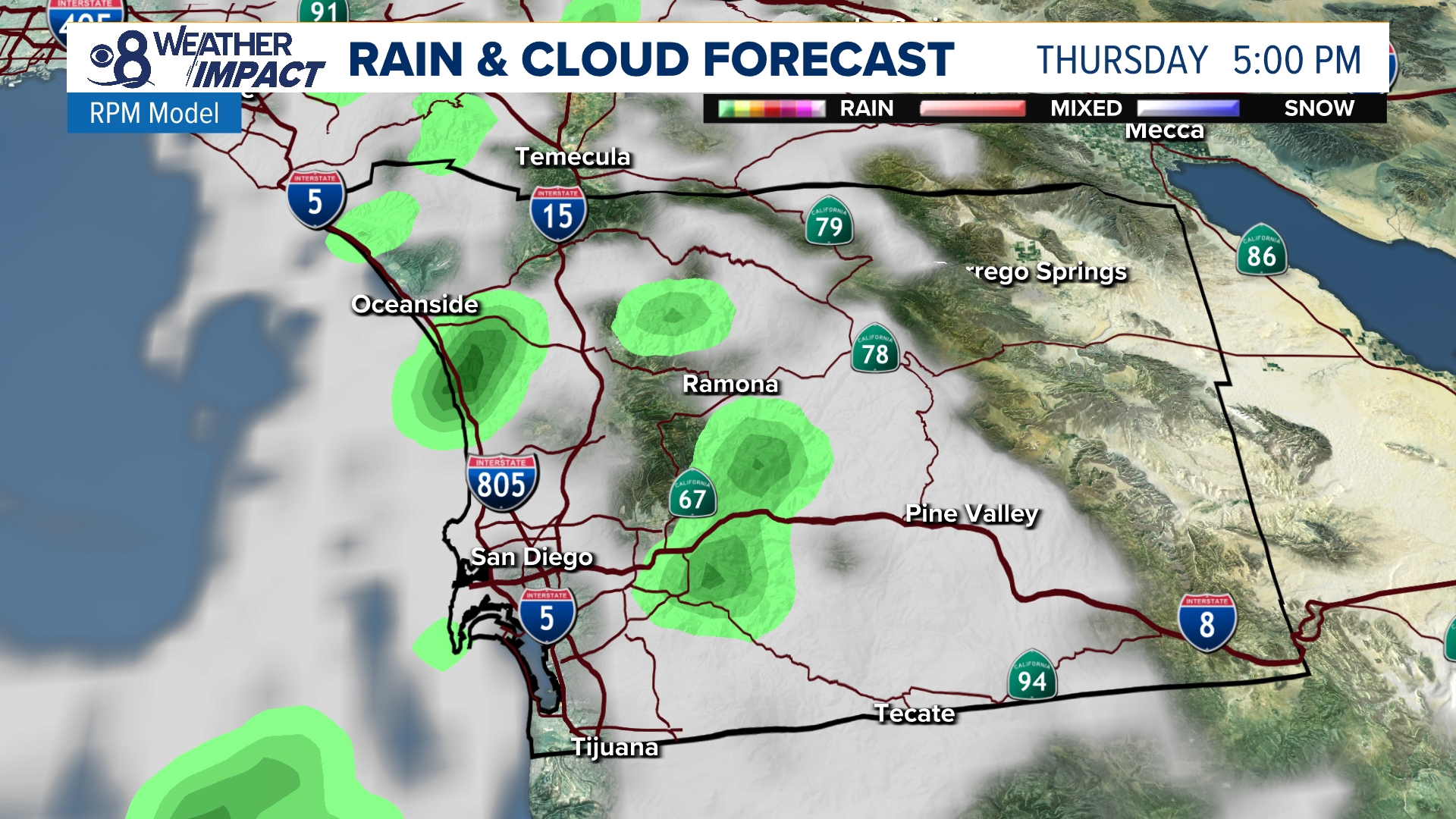 A quick shift in the forecast comes Wednesday into Thursday as offshore winds calm and clouds drift in from the west, with a chance for light rain on Thursday.