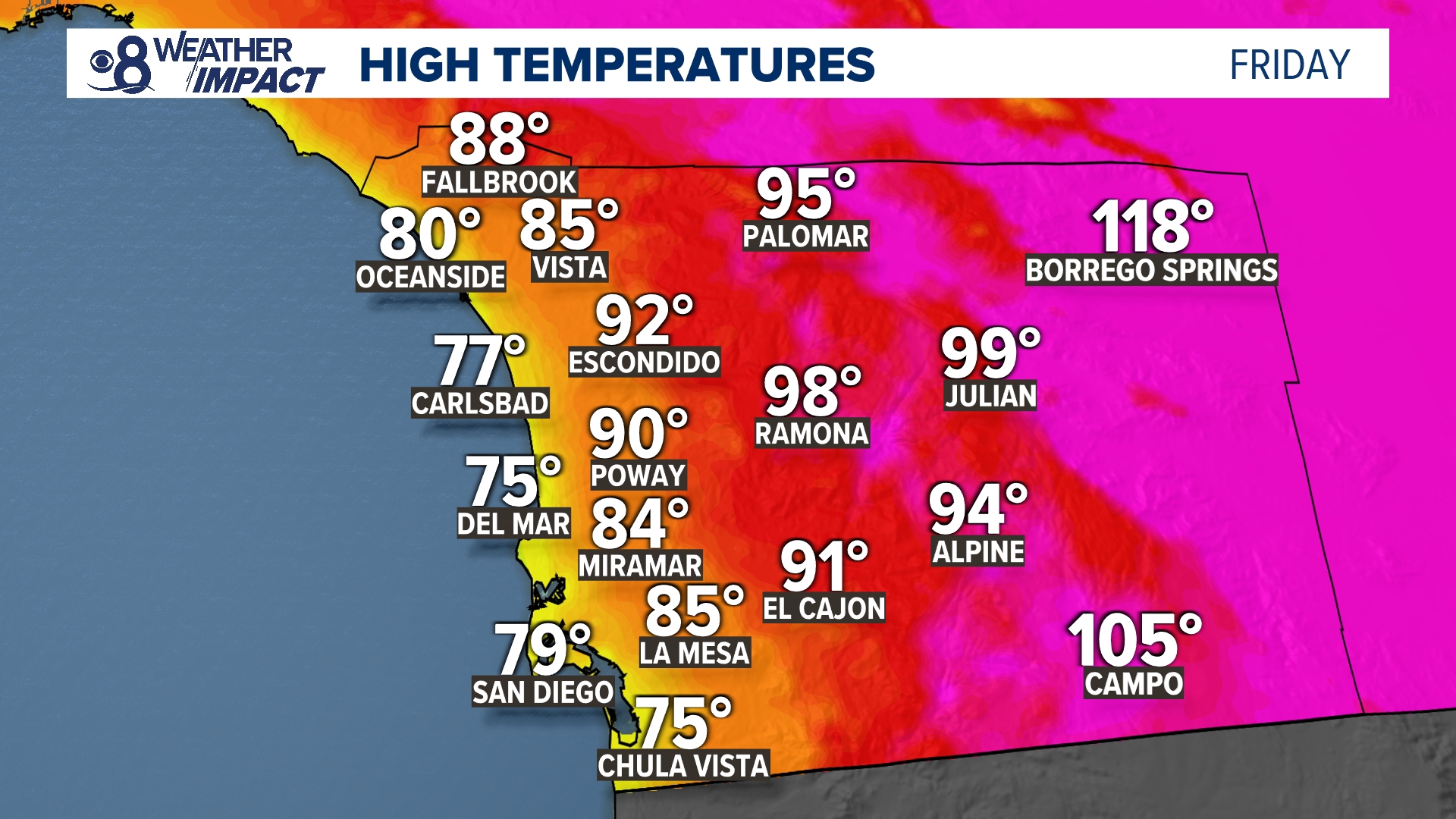 An Excessive Heat Warning will apply to everywhere in San Diego County on Friday and Saturday with the exception of the coast.