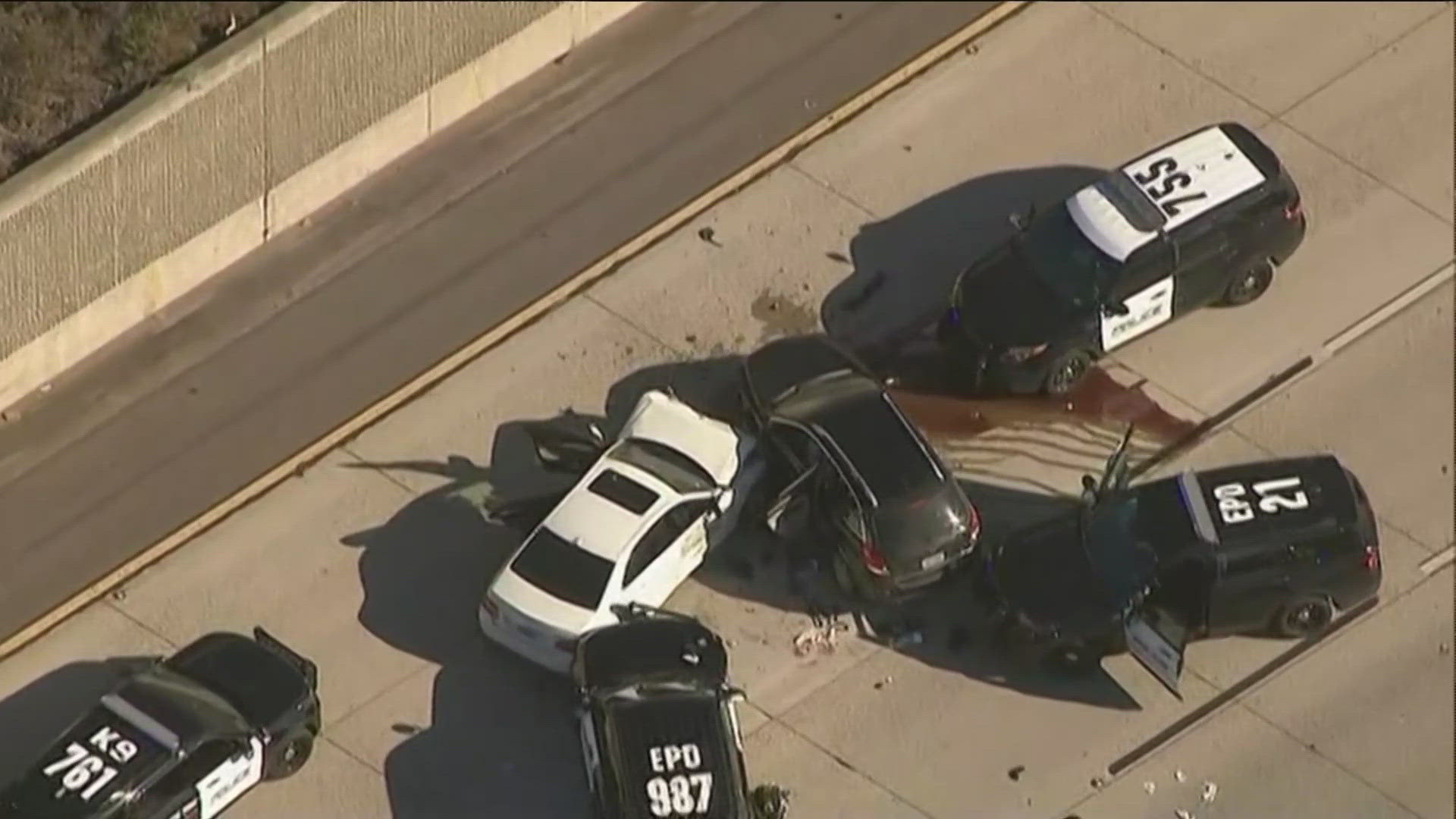 An Escondido Police pursuit ended in Miramar on Interstate 15 near the State Route 163 split and shots were fired. San Diego Police is investigating. 