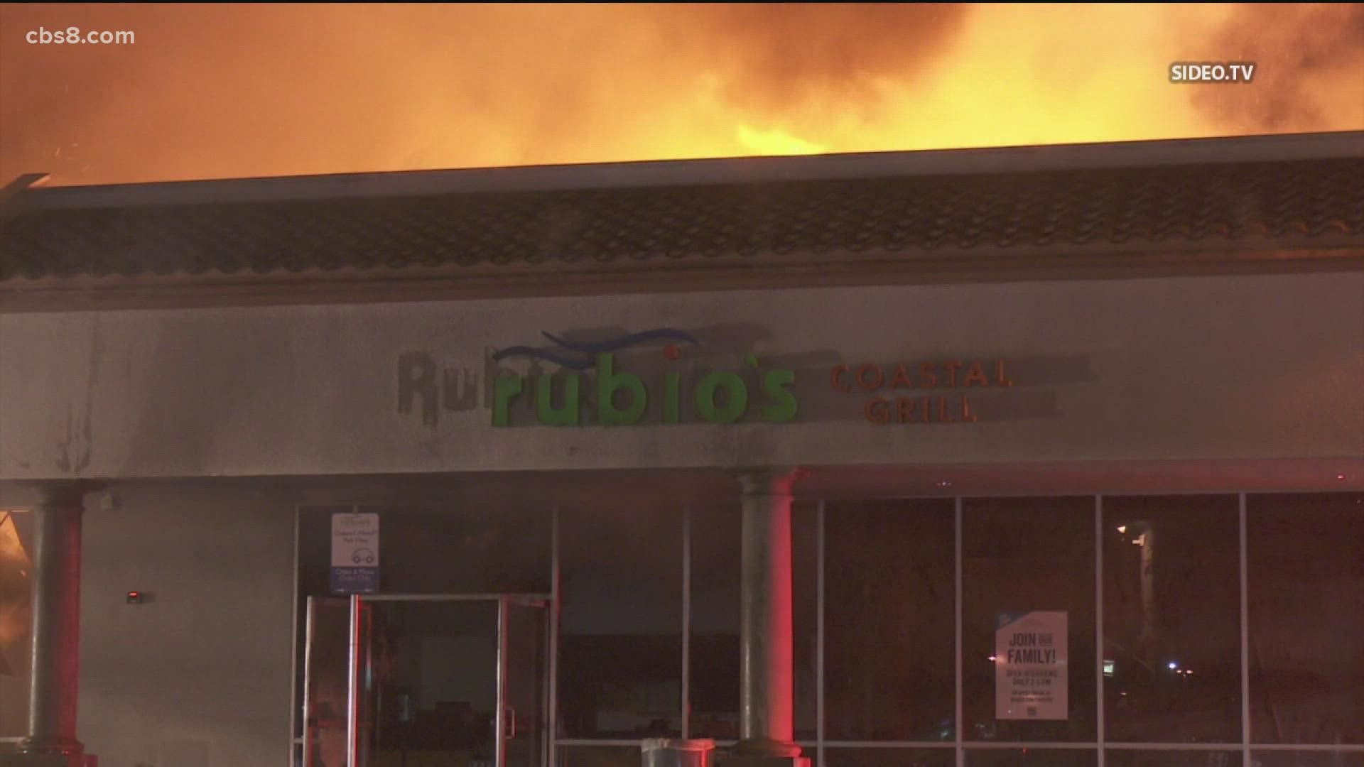 Crews working to extinguish a second alarm fire that broke out overnight at a Rubio's restaurant in Oceanside near College Blvd. and Oceanside Blvd.