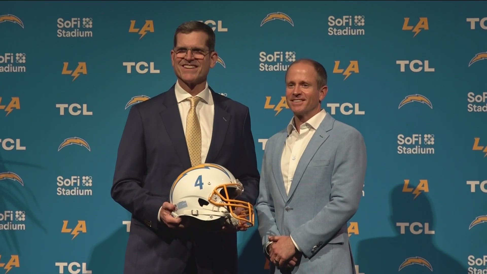 During a ceremony at SoFi Stadium on Thursday, the Los Angeles Chargers introduced their new head coach Jim Harbaugh.