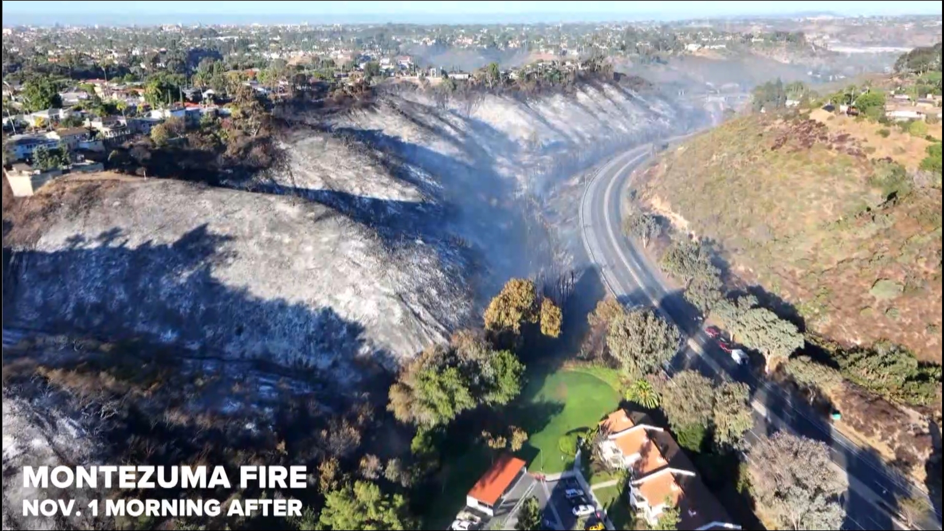 Drone video the morning after of the fire that ignited in the College Area on Oct 31 that spread quickly to nearly 40 acres damaging homes.