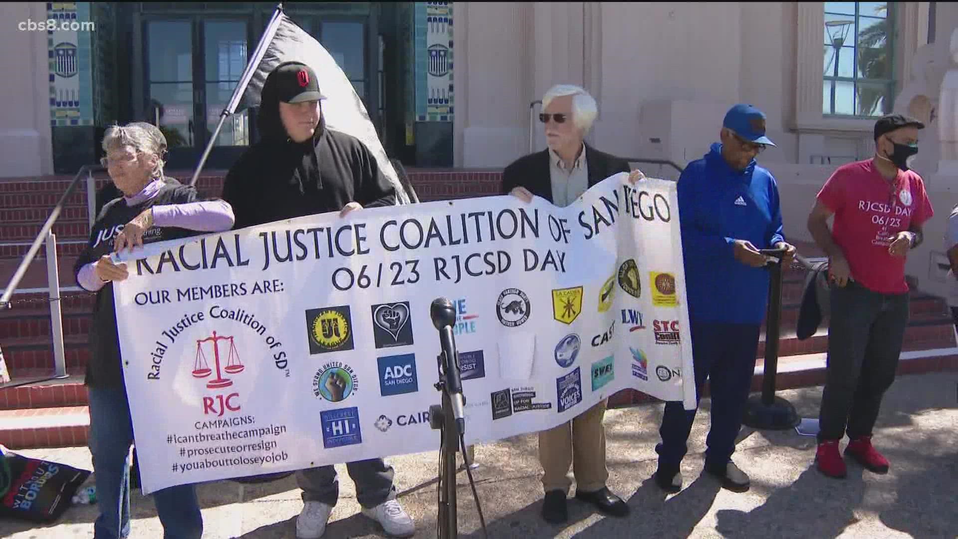 This protest outside the County Administration building came as the Board of Supervisors selected a new Interim Sheriff for San Diego County.