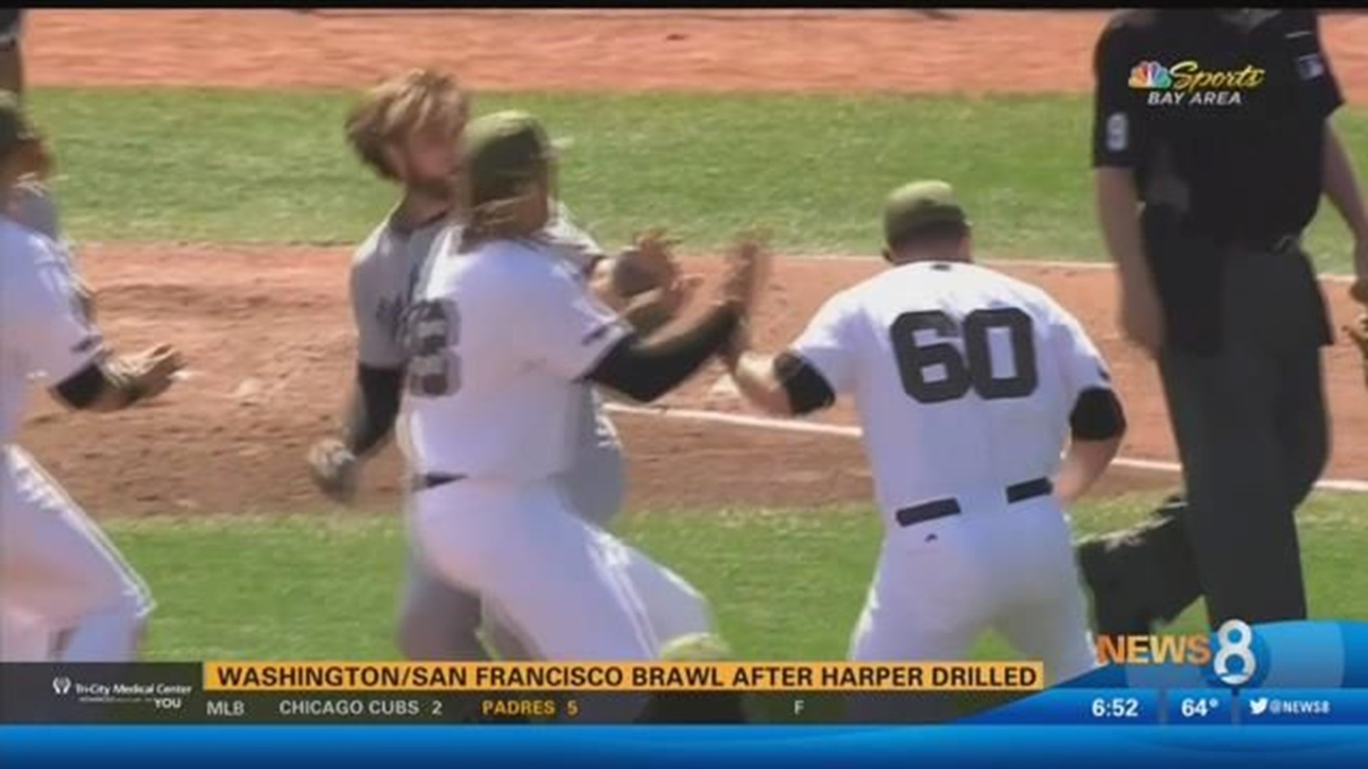 VIDEO: Nationals, Giants brawl after star Bryce Harper is plunked with pitch