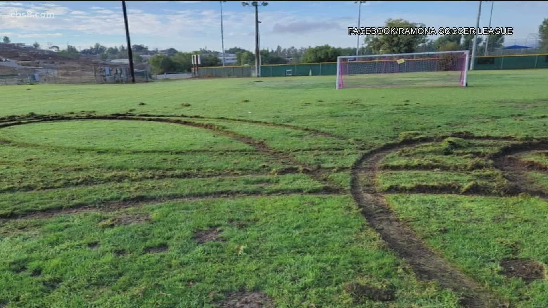 The Ramona Soccer League posted images of what look like tire tracks to their Facebook page Saturday morning.