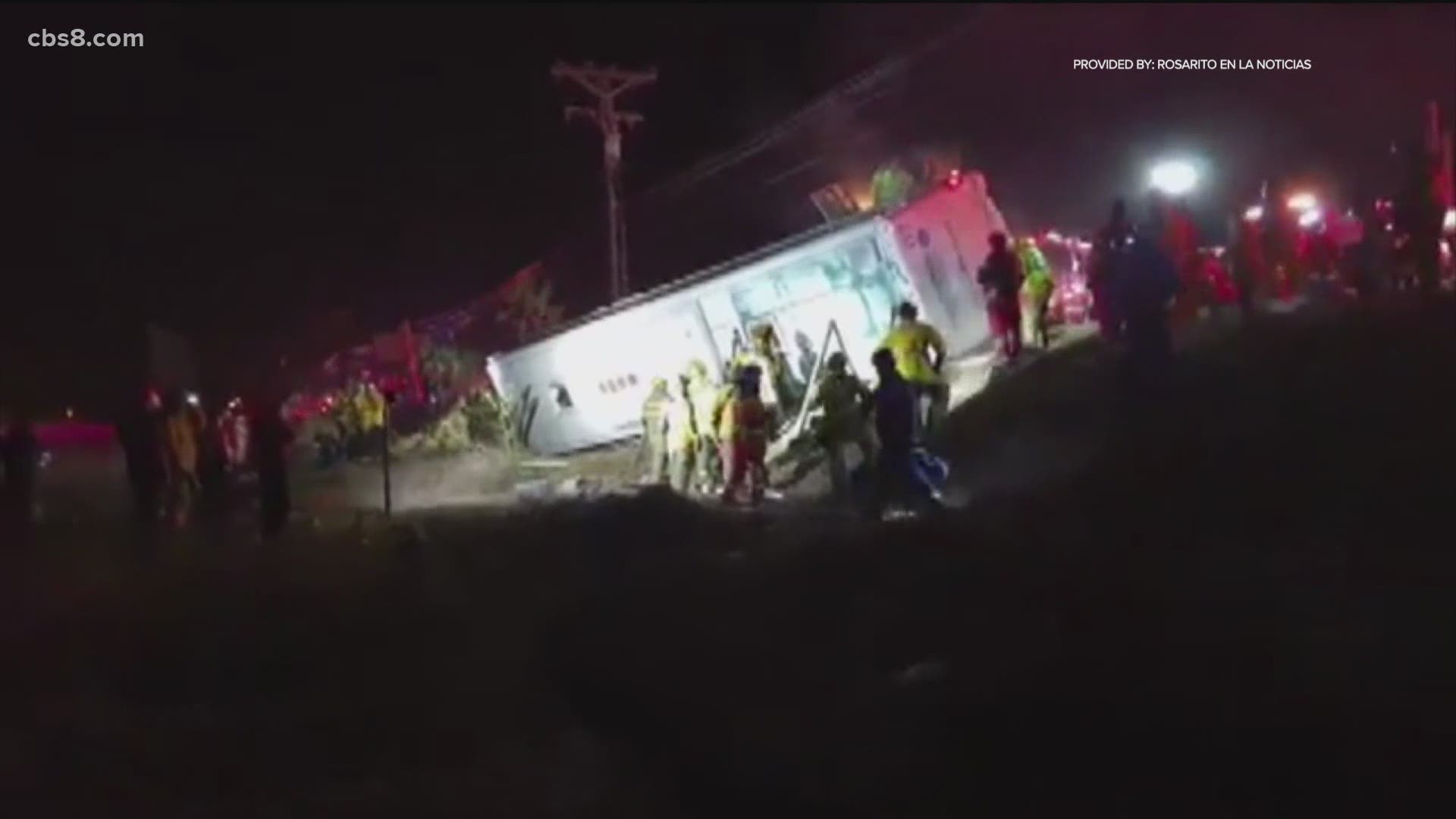 A private bus chartered for a day of fun in Mexico flipped over near Rosarito Tuesday night, killing at least seven people and injuring more than 30.