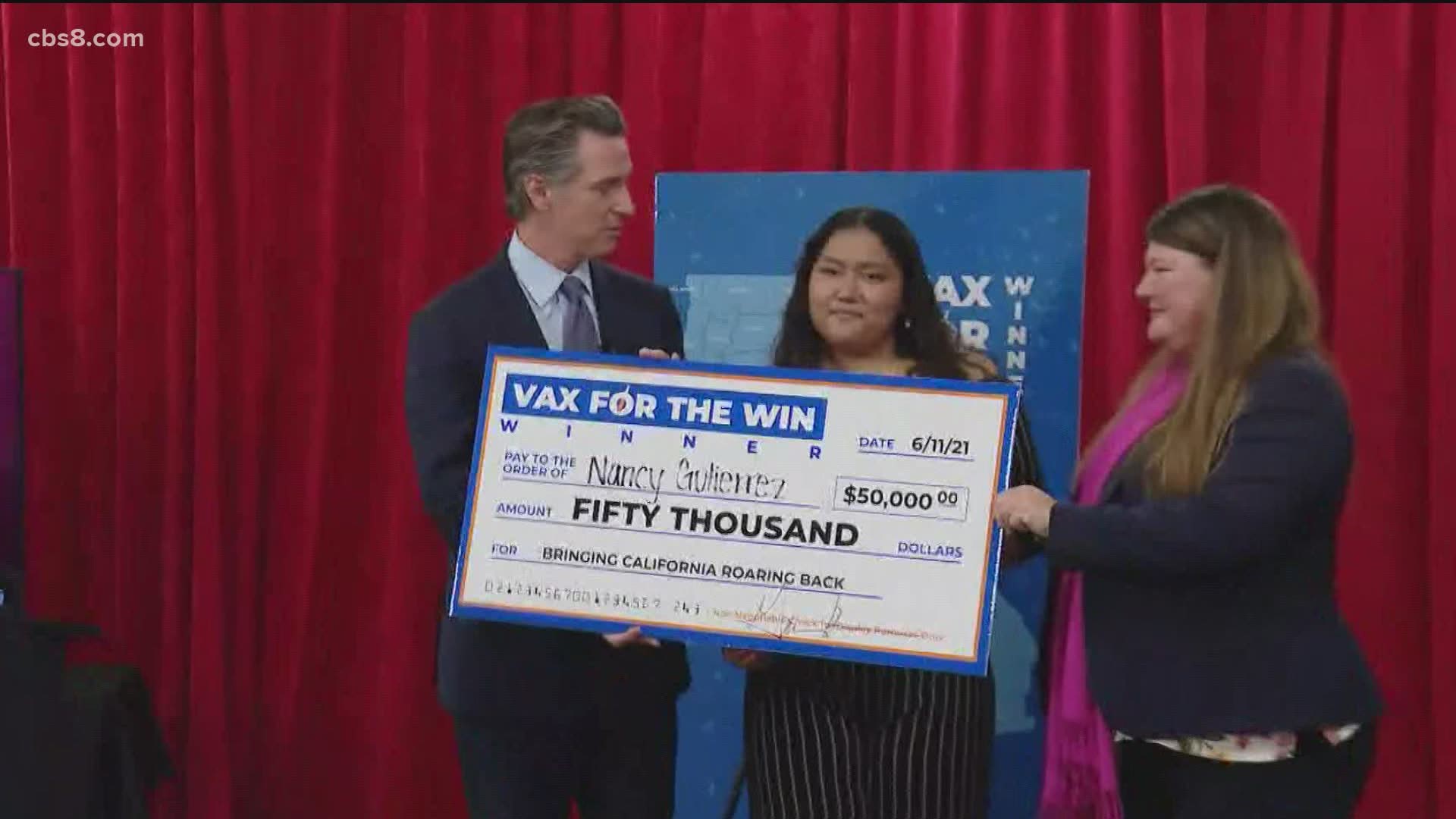 At the event in Vista, Newsom presented a ceremonial $50,000 check to one of the winners from last week's drawing, 17-year-old Nancy Gutierrez.