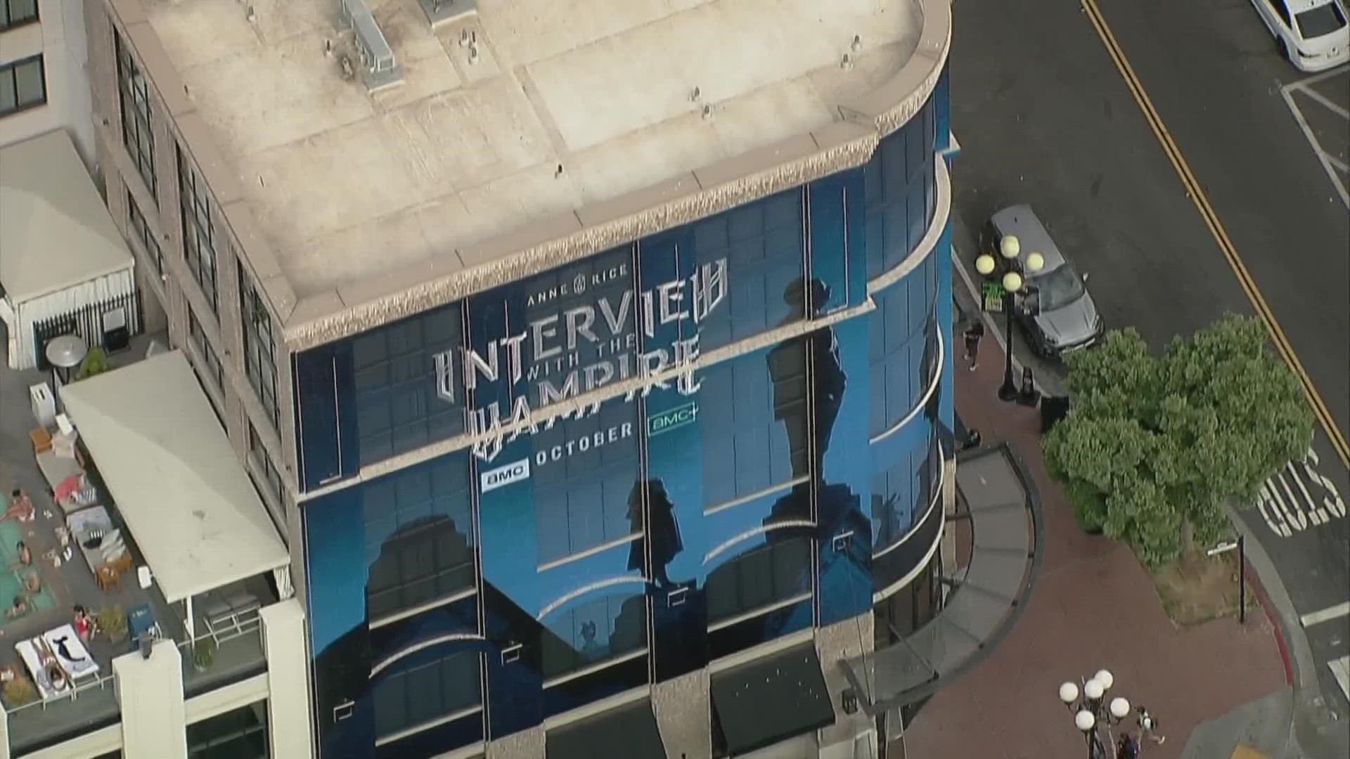 Chopper 8 flies above Downtown San Diego where hotels are preparing for Comic-Con.