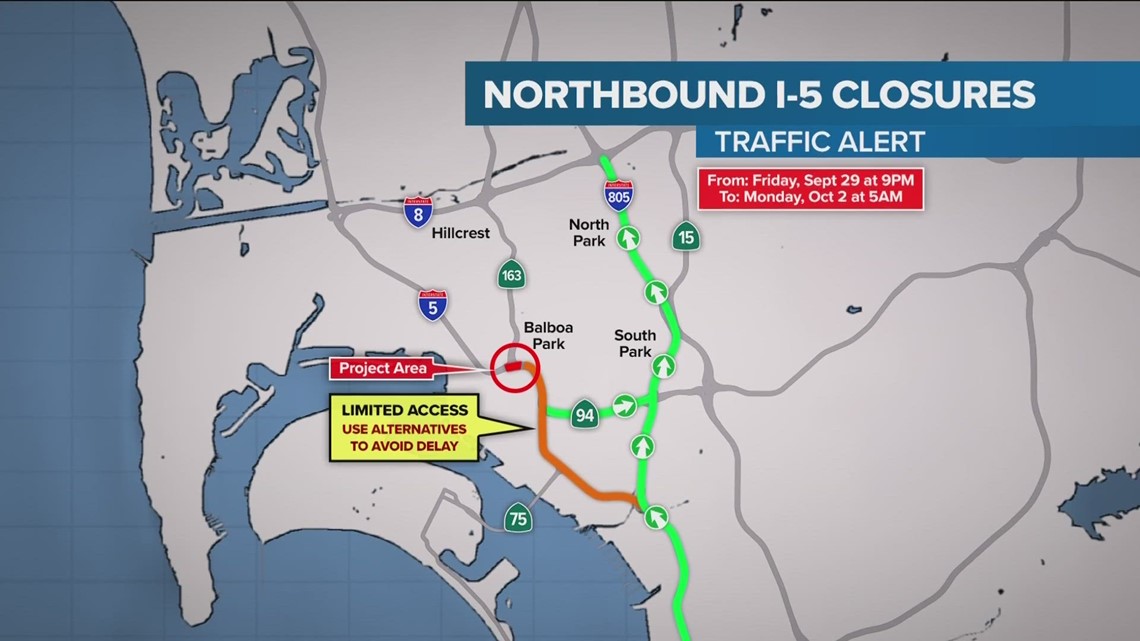Northbound I5 closure in San Diego during September 29 weekend