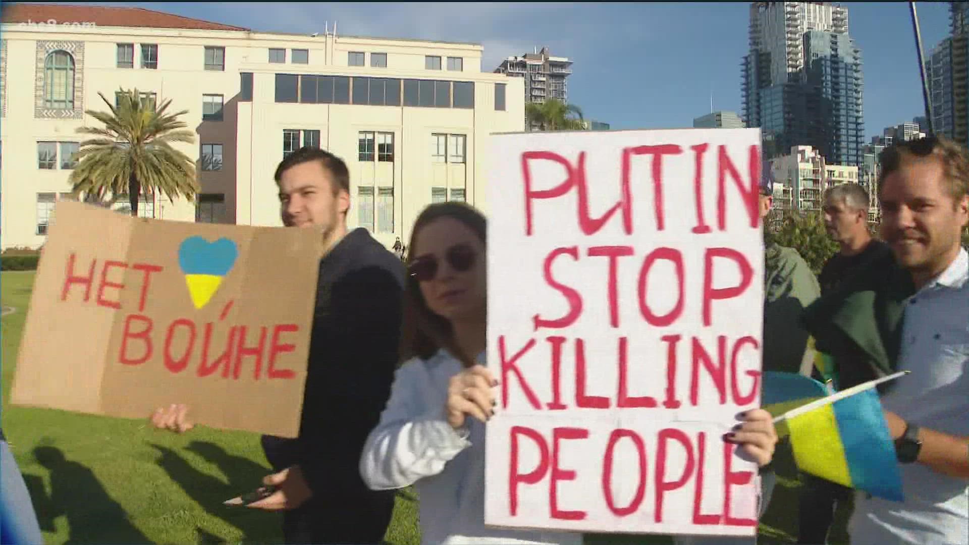 San Diegans with ties to Ukraine gathered across the county protesting for peace, as the fighting and bloodshed intensifies.