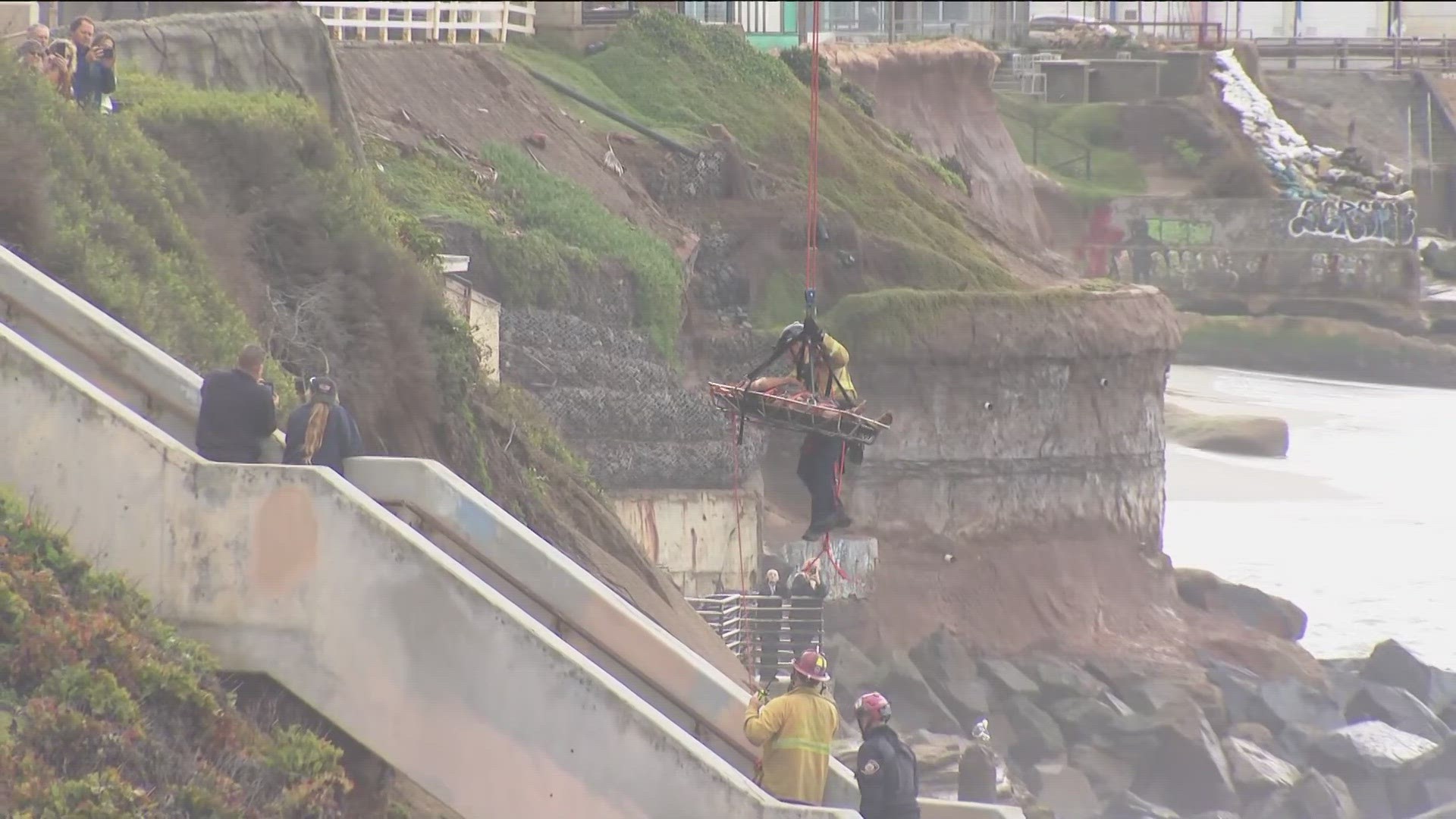 San Diego Fire Department says man slipped and fell and got stuck under concrete slabs along Sunset Cliffs