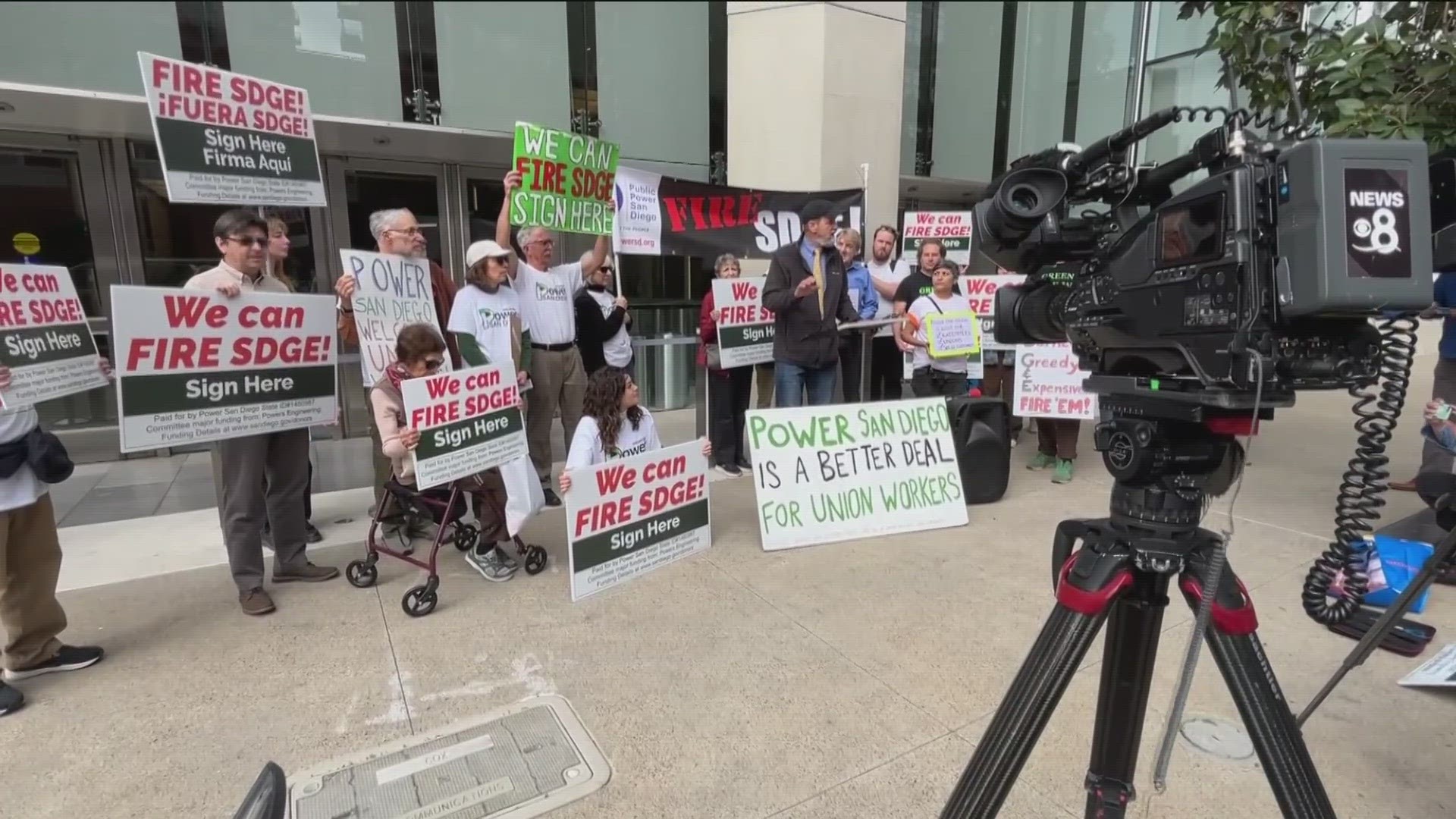 Power San Diego demonstrated outside the Sempra Energy headquarters Tuesday morning.