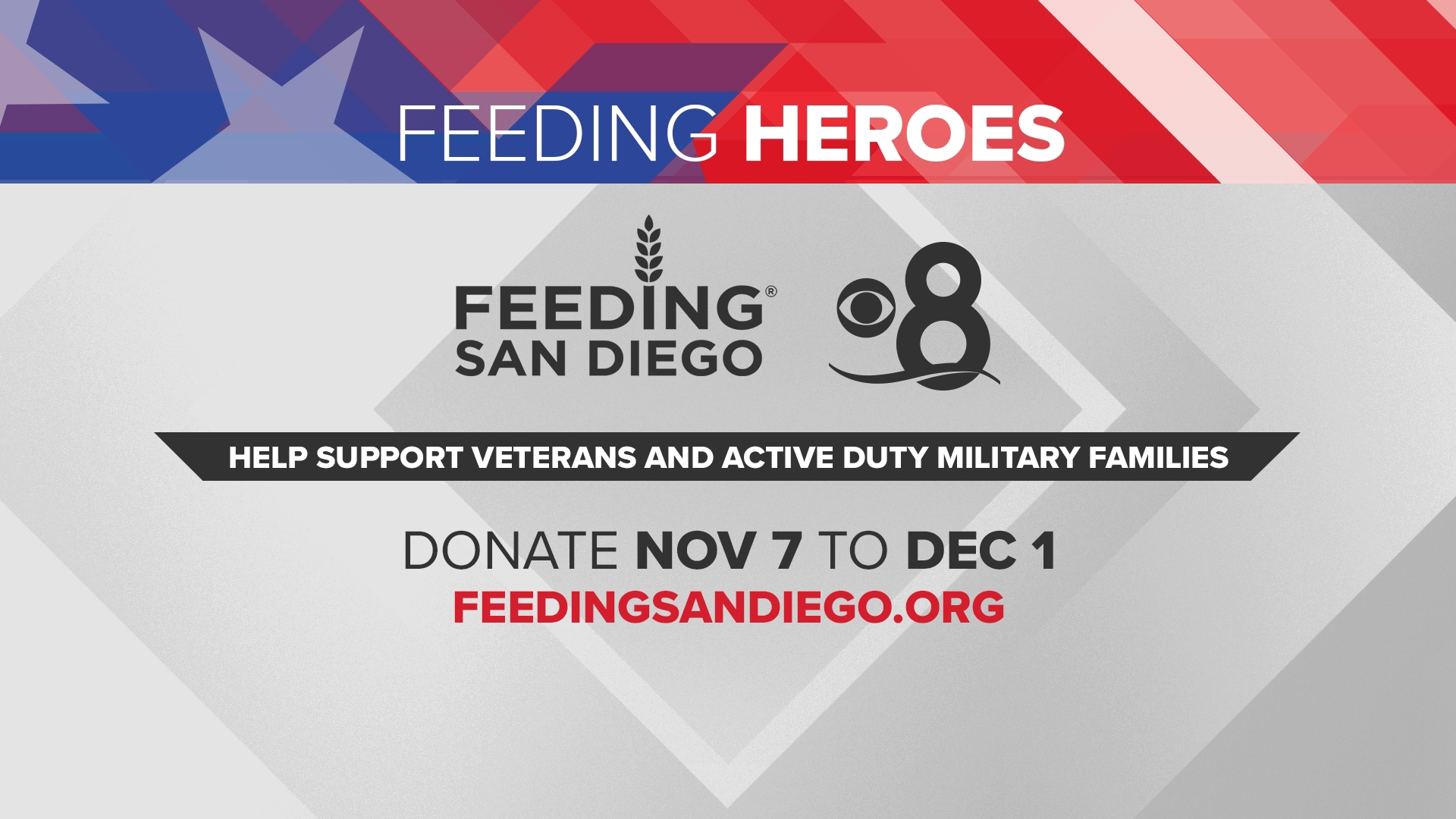 Your monetary donations will help Feeding San Diego ensure that San Diego service men and women, and their families, get the food they need.