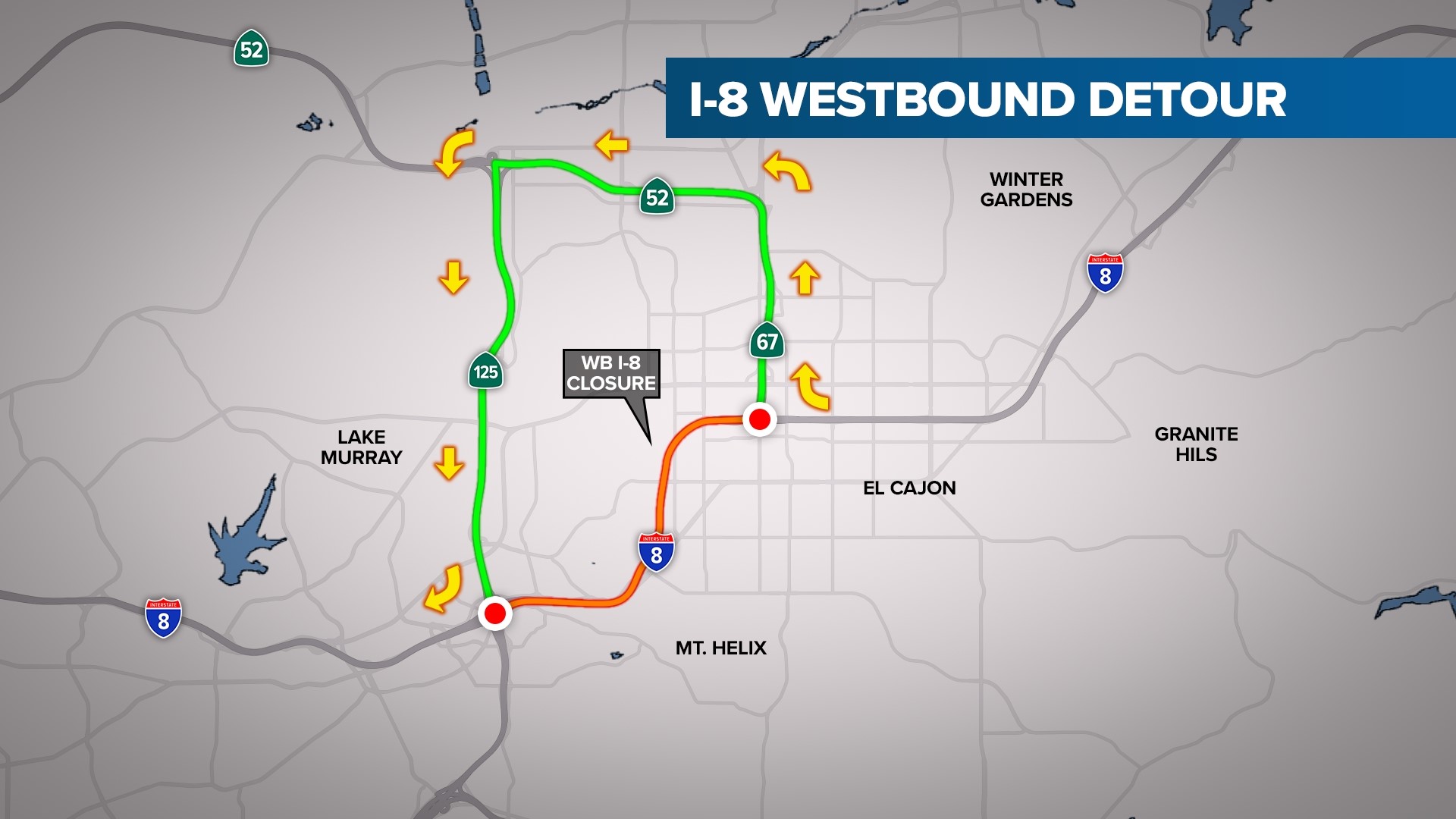 Crews could close up to 3 westbound lanes along Interstate 8 from Friday, Jan. 5 at 9 p.m. through Tuesday, Jan. 9 during construction.
