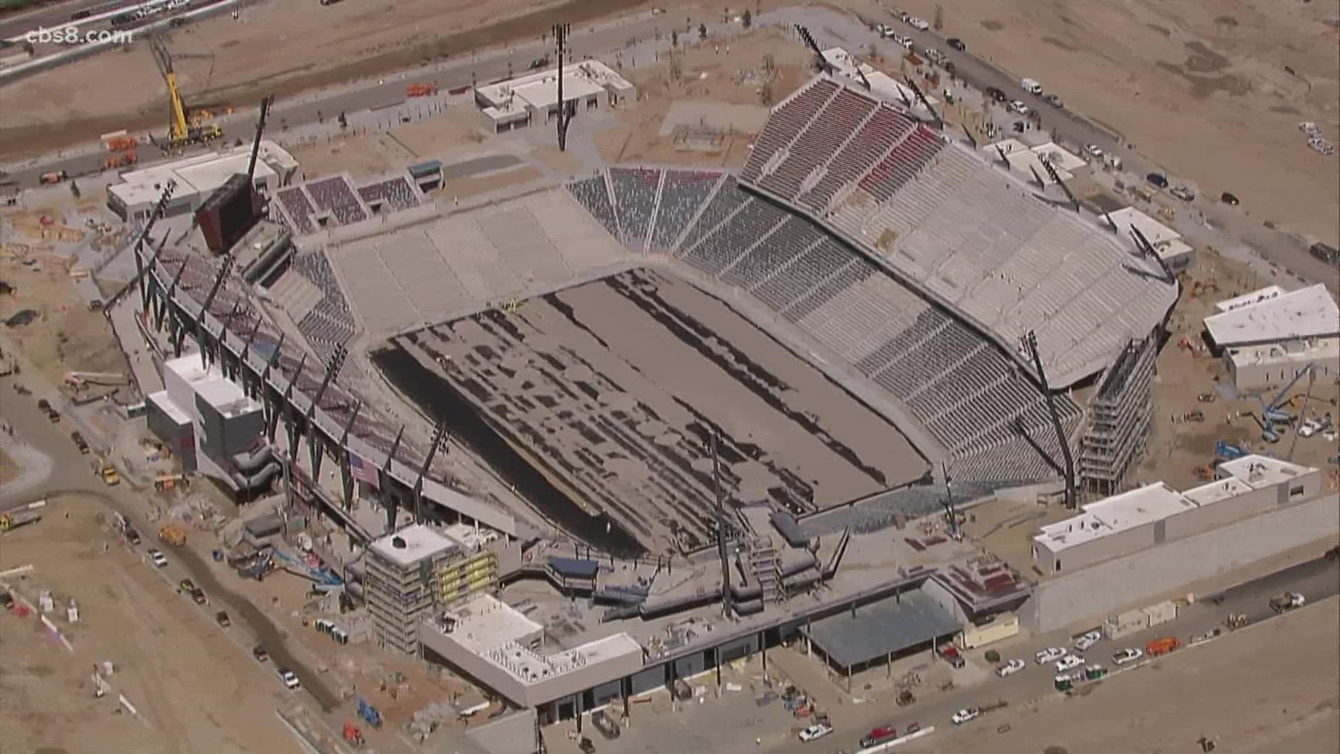 Chopper 8 flew over Snapdragon Stadium on March 7, 2022 to see how the construction of Snapdragon Stadium was coming along.