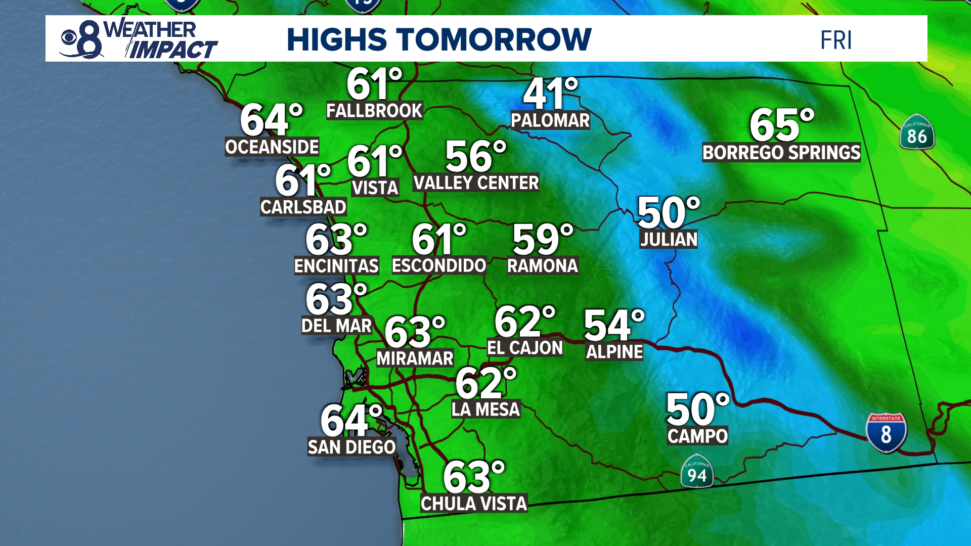 A trough of low pressure will bring a chance for scattered showers & mountain snow with gusty winds and much cooler temperatures through Saturday.