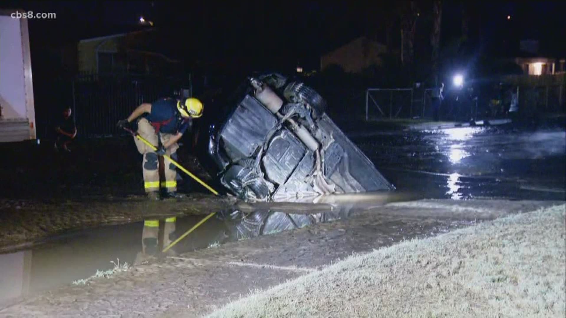 Car Falls Into Sinkhole After Water Main Break Floods Escondido