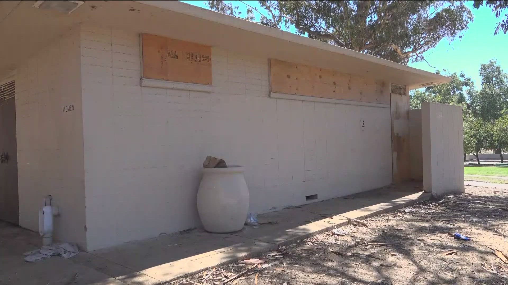CBS 8 checked out the area along Jacaranda Drive near the Morley Field bocce ball courts.  Sure enough, the restrooms were boarded up.