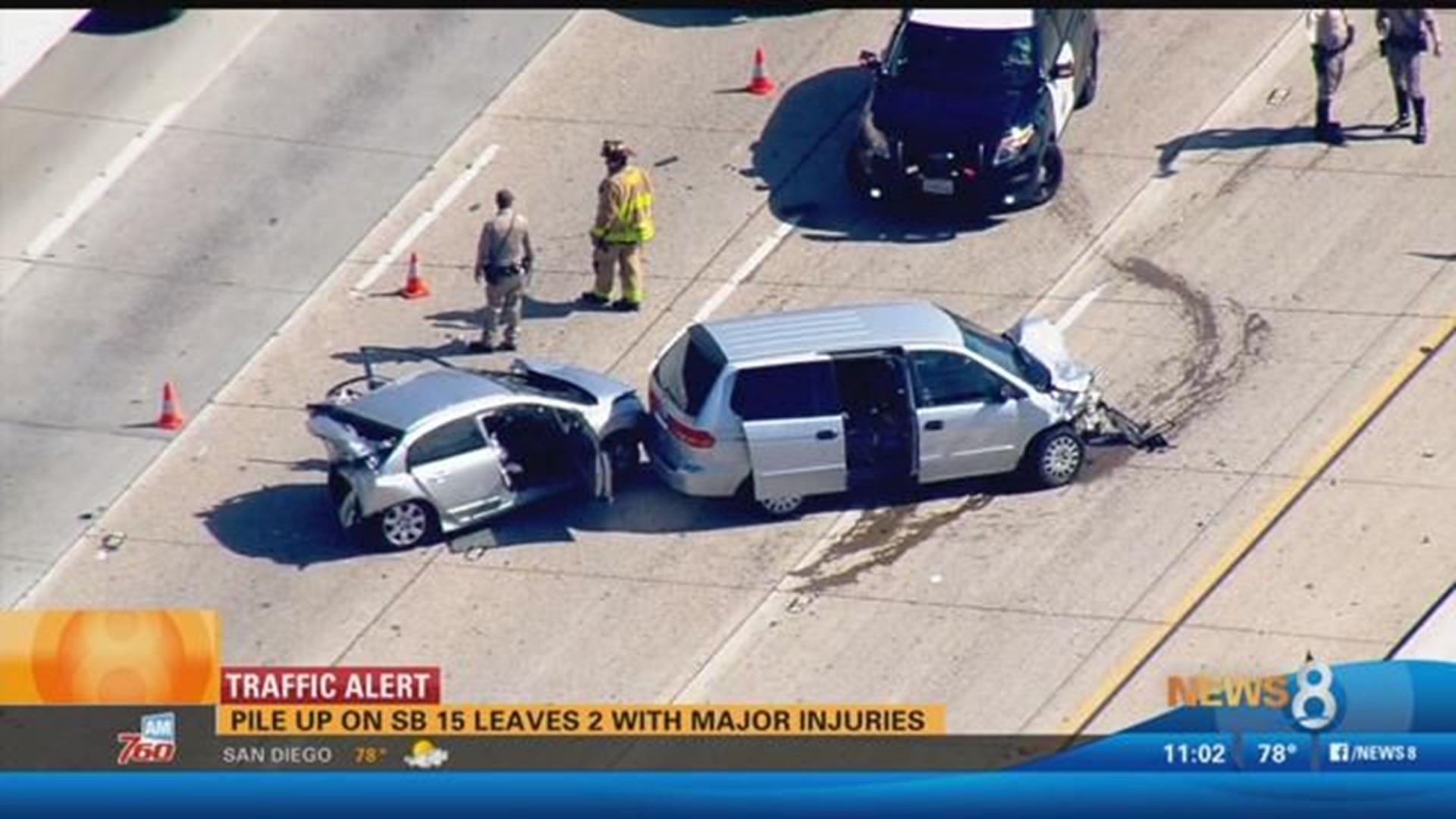 Pile up on I15 leaves two with major injuries near Rancho Penasquitos