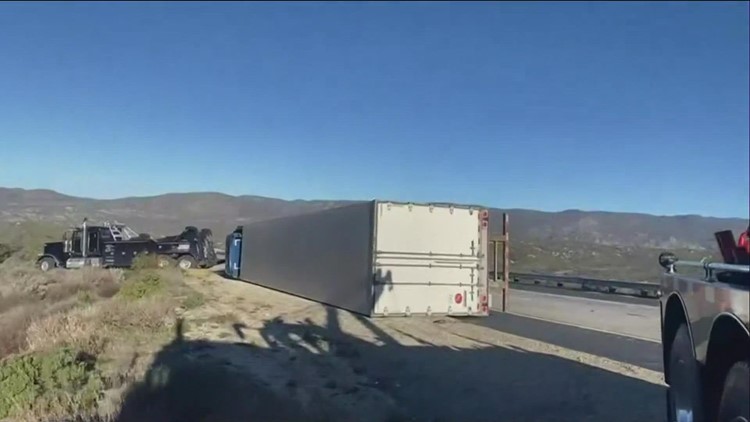 High winds across San Diego County knock over trees and semi-trucks