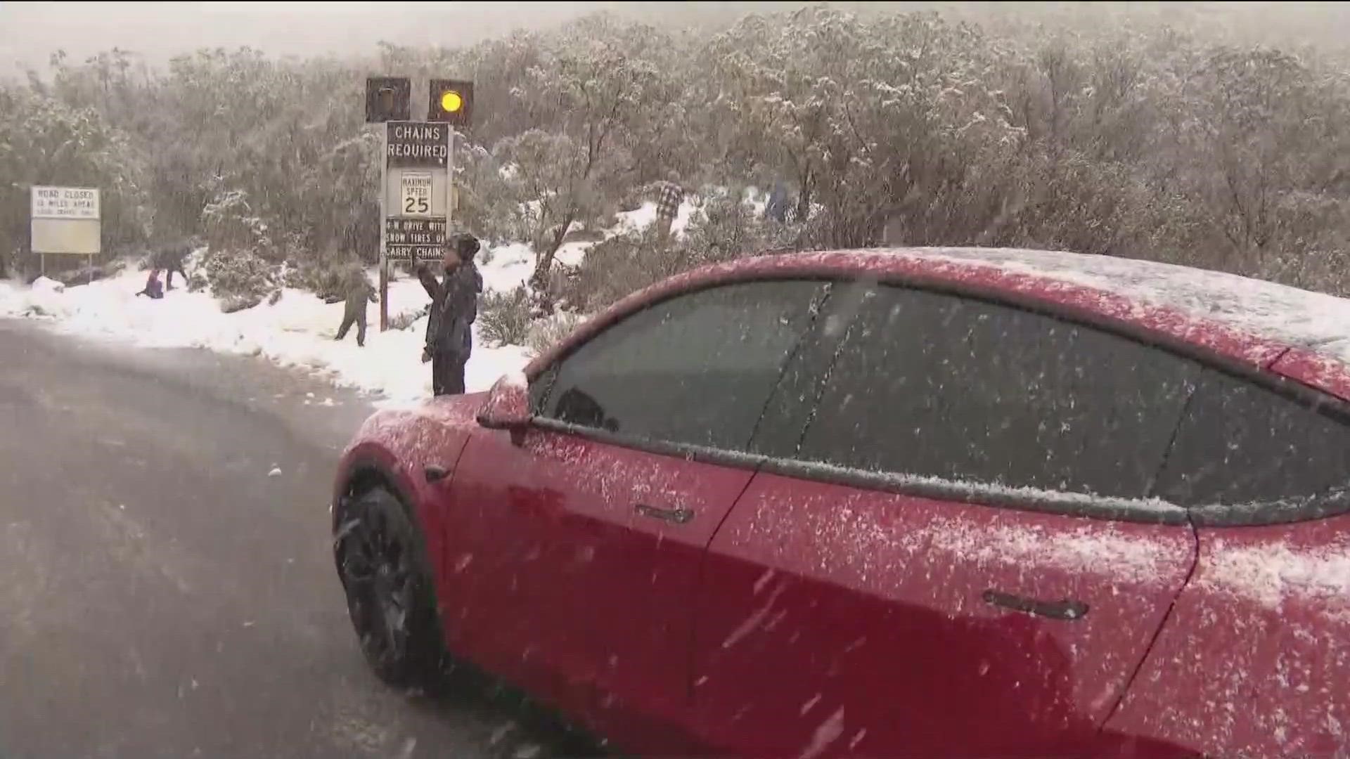 San Diegans took advantage of snow-covered mountains thanks to a winter storm that delivered inches of powder. Ariana Cohen reports.