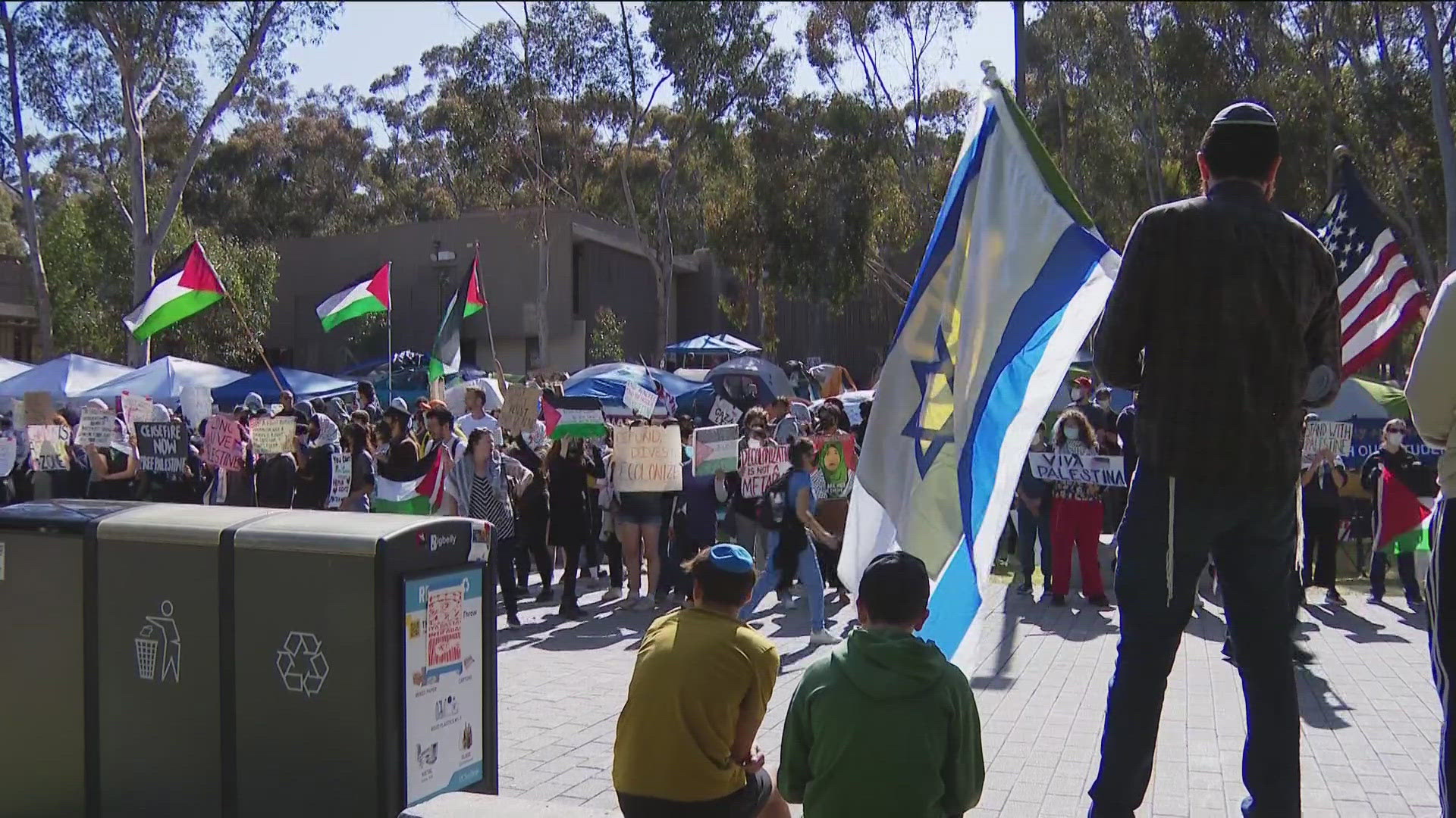 Pro-Israel demonstrators march past the pro-Palestinian encampment on the UC San Diego campus.