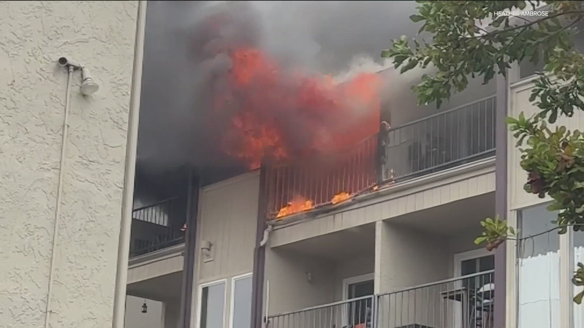 Firefighters battled a blaze that started at an upper unit inside a condo in Carlsbad, Monday afternoon.