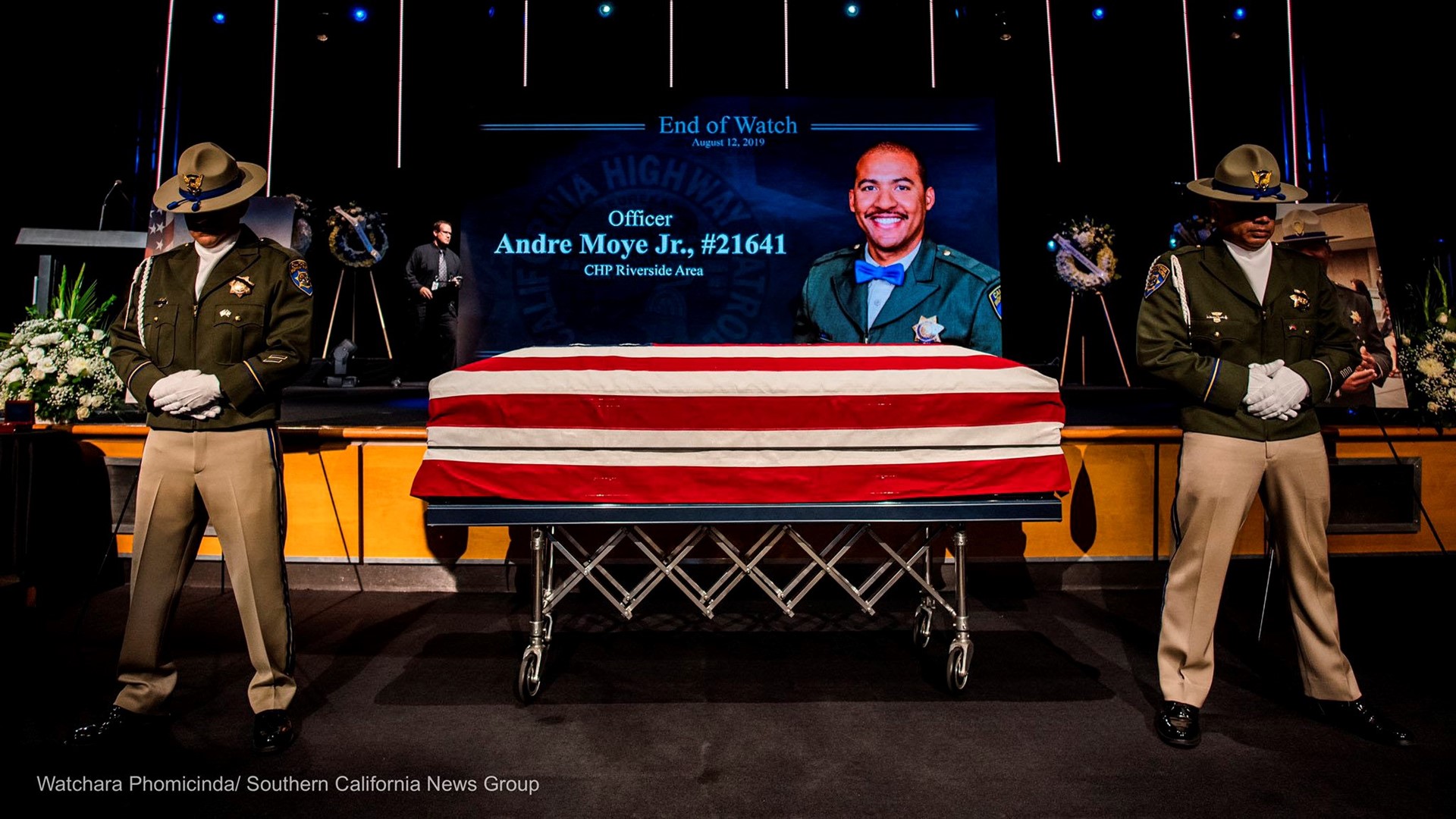 The public was invited to attend the service for Andre Moye, Jr. at Harvest Christian Fellowship in Riverside, east of Los Angeles.