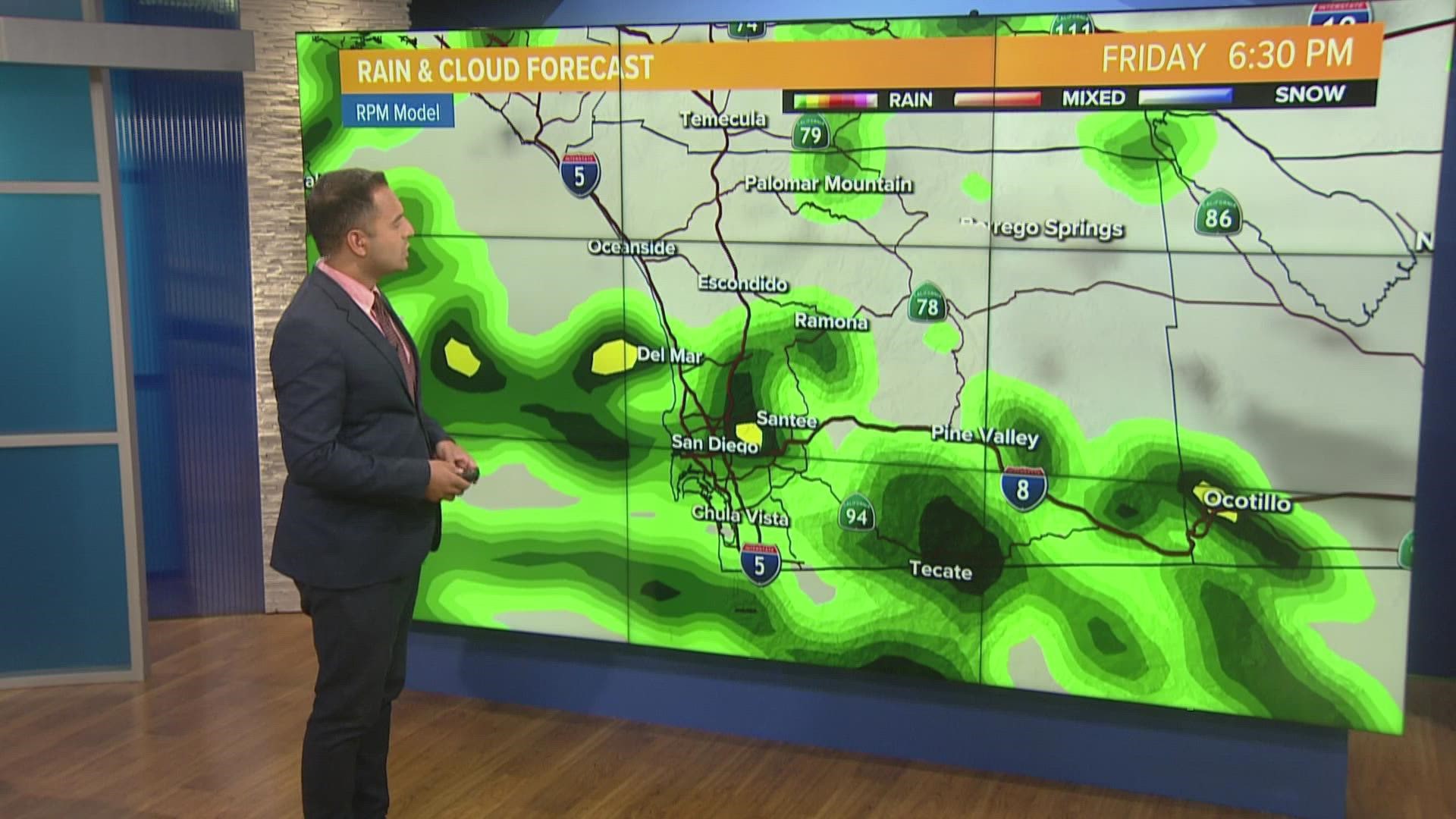 Rain, heavy winds and thunderstorms are forecasted to hit parts of San Diego County Friday with some wet conditions still present Saturday.