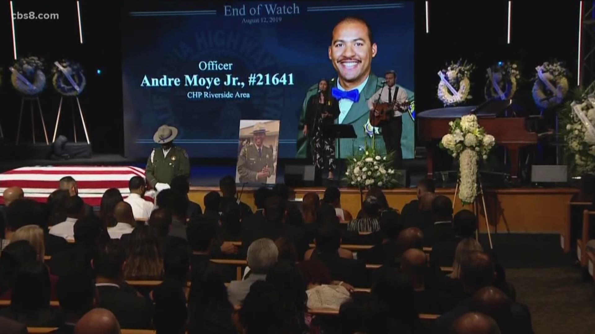 The public was invited to attend the service for Andre Moye, Jr. at Harvest Christian Fellowship in Riverside, east of Los Angeles.