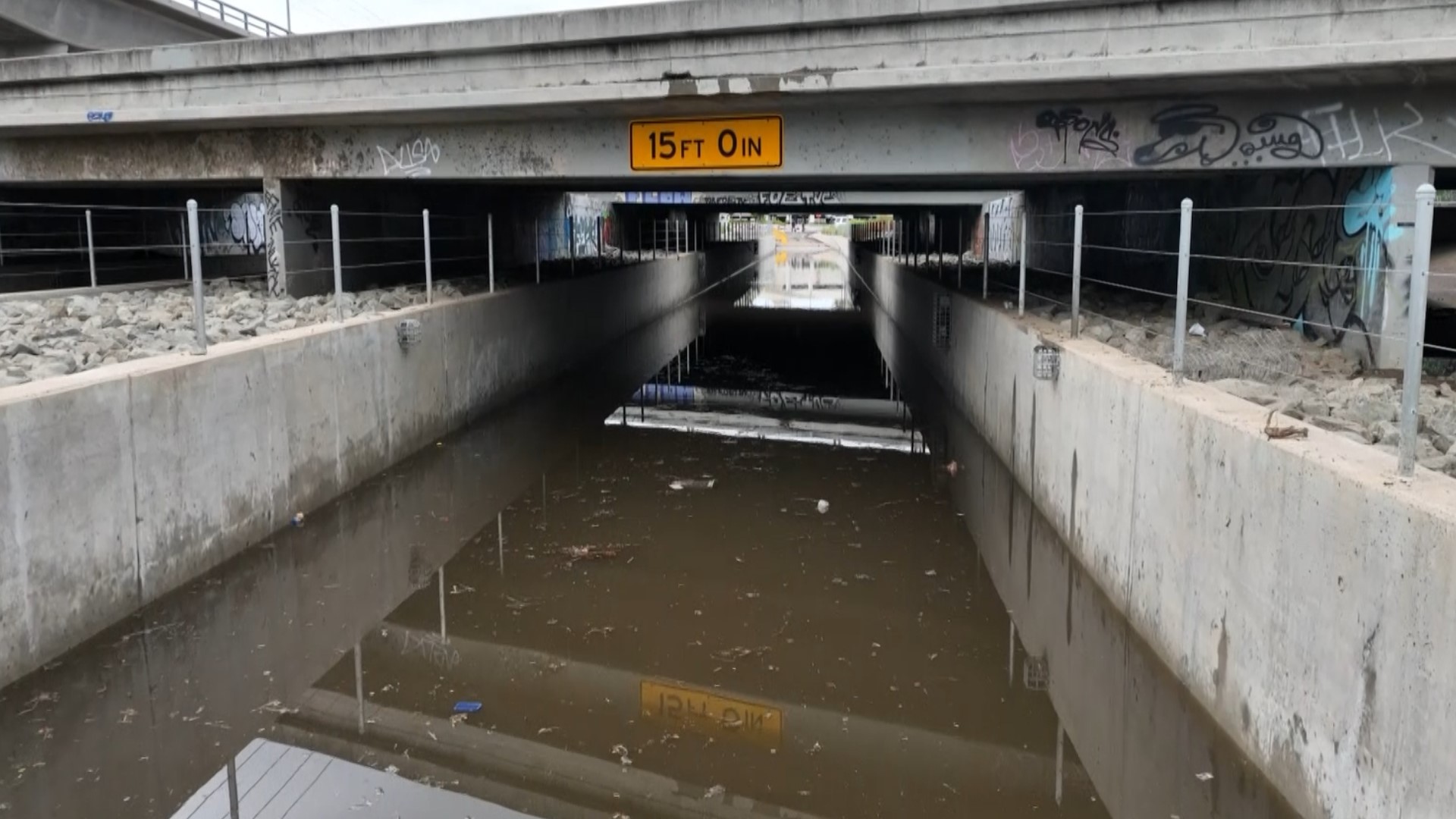 CBS 8 captured drone video of standing flood waters underneath the 163 Freeway in Mission Valley, a day after Tropical Storm Hilary brought heavy rain to San Diego.