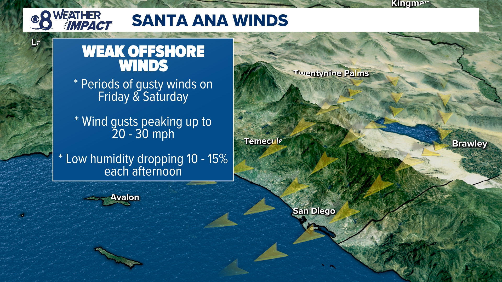 An area of low pressure will keep our temperatures on the cool side through midweek. By Friday and Saturday, Santa Ana winds will prompt a warm-up as we remain dry.