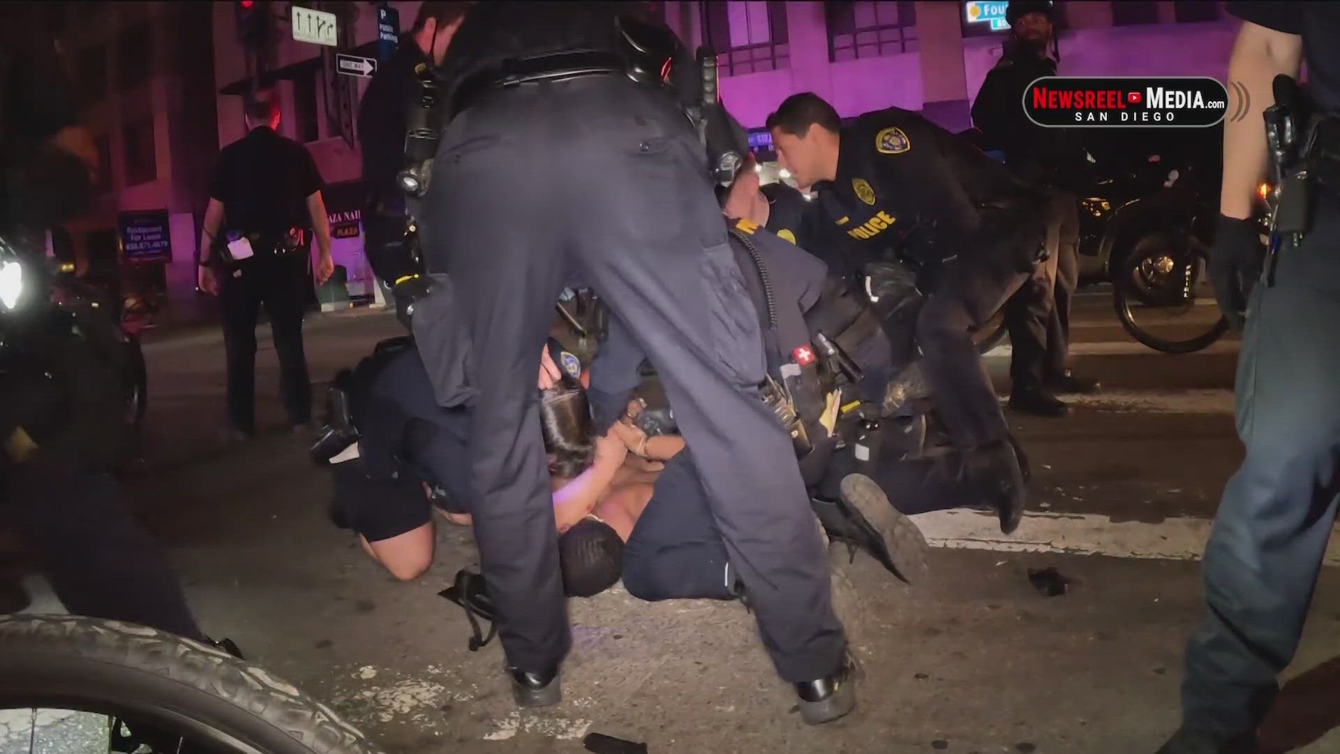 Video shows officers punching, pushing, and pepper spraying several people.