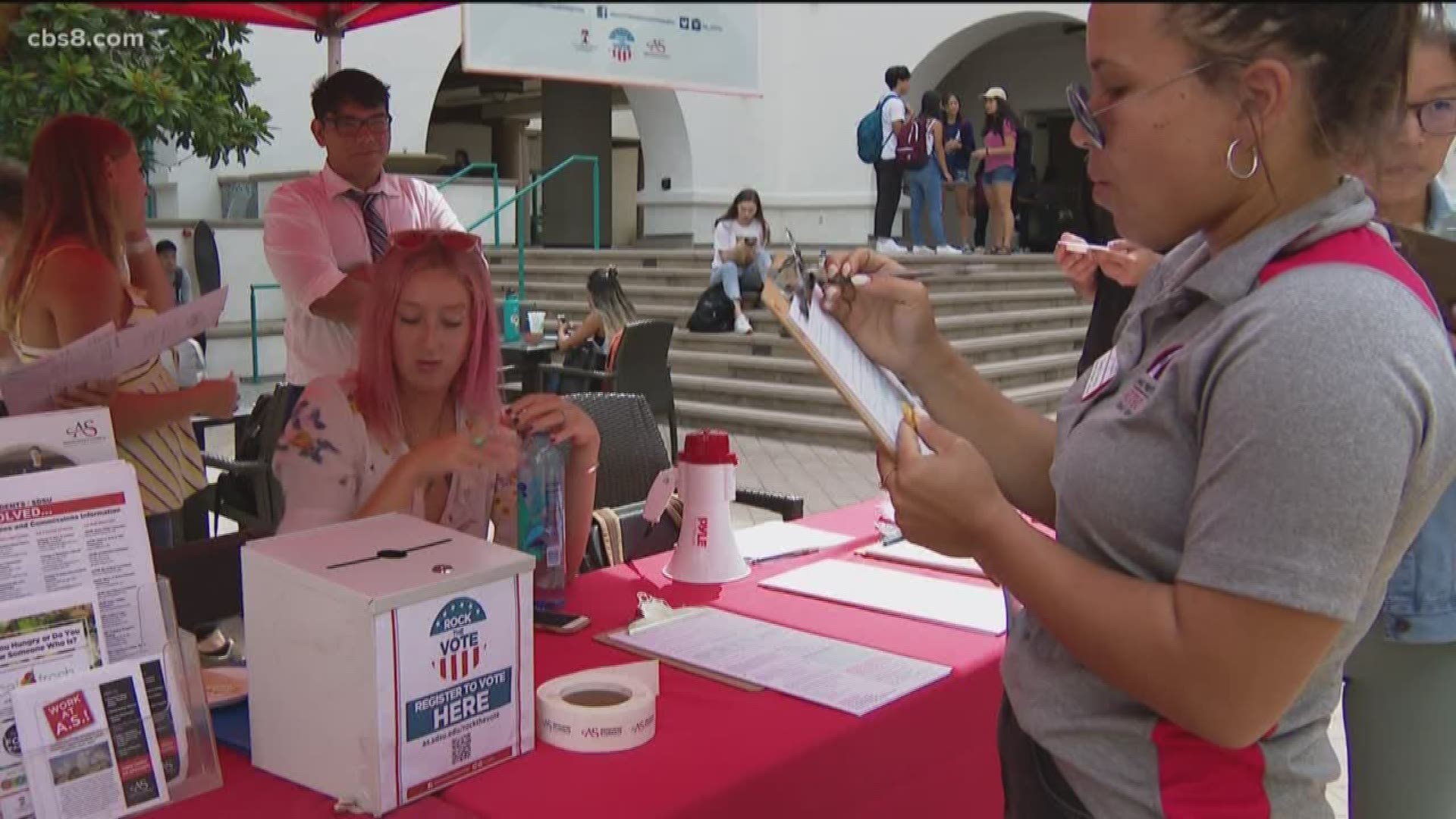 Since the fall semester began at San Diego State University, a Rock the Vote tent has been set up at the student union in order to get students registered to vote.