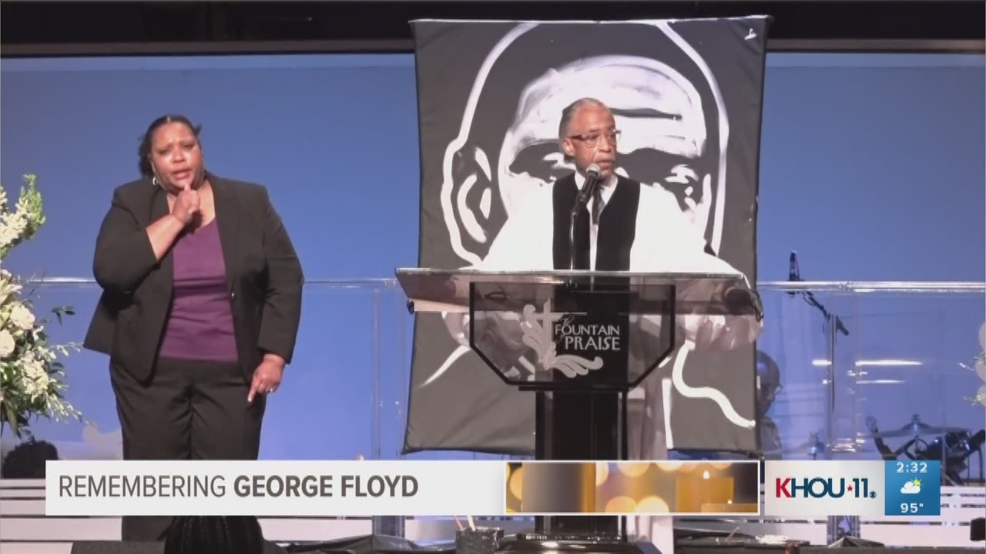 Rev. Sharpton the families of Pamela Turner, Trayvon Martin, Ahmaud Arbery, Eric Garner, Botham Jean, Pamela Turner and Michael Brown during George Floyd's funeral.