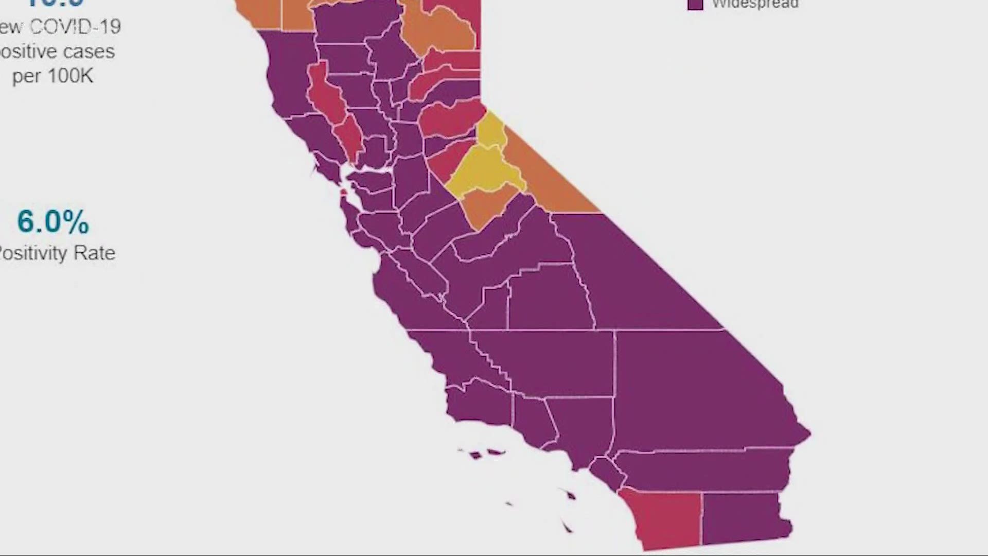Counties will be color coded as either purple, red, orange or yellow depending on two criteria: COVID-19 daily case count per 100,000 people and positivity rate.