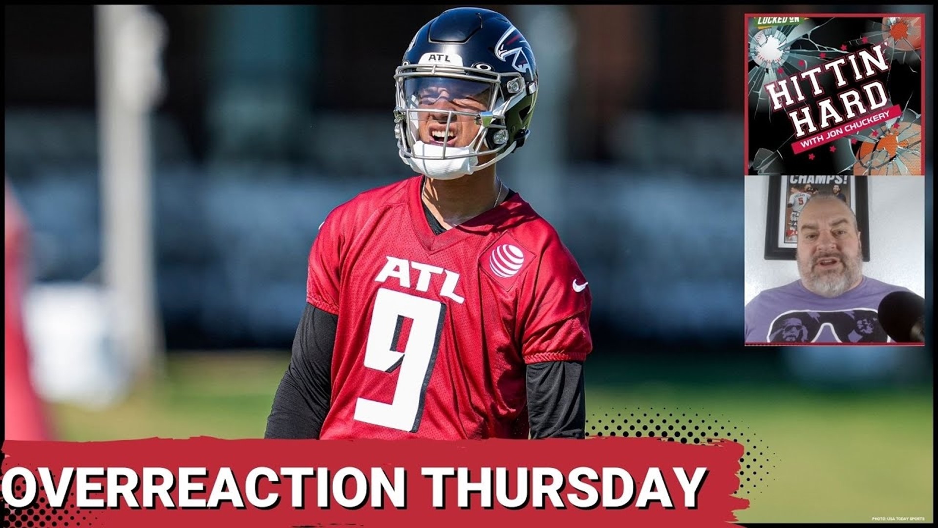 Atlanta Falcons quarterback Desmond Ridder (4) practices before a