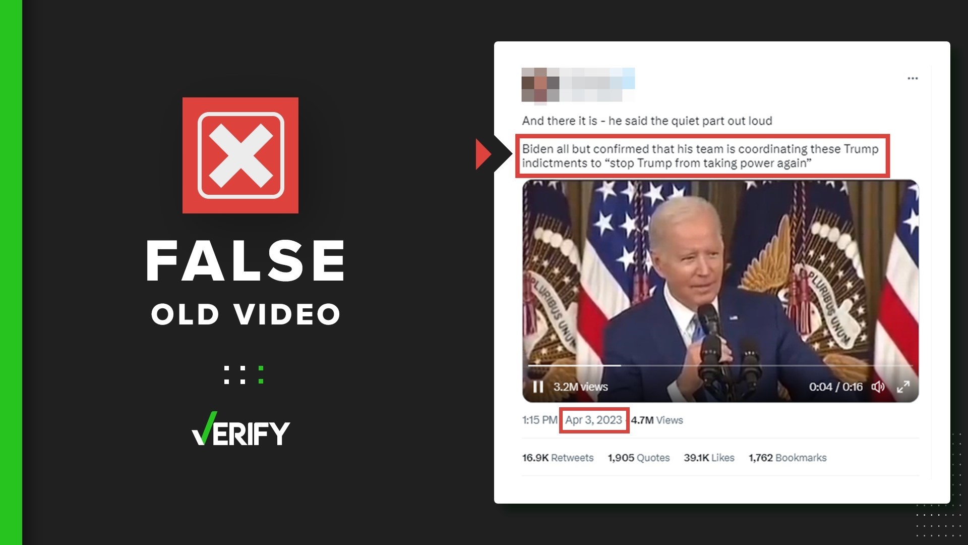 An older video clip of President Joe Biden is being used to falsely claim the president said he played a role in Donald Trump’s indictment.