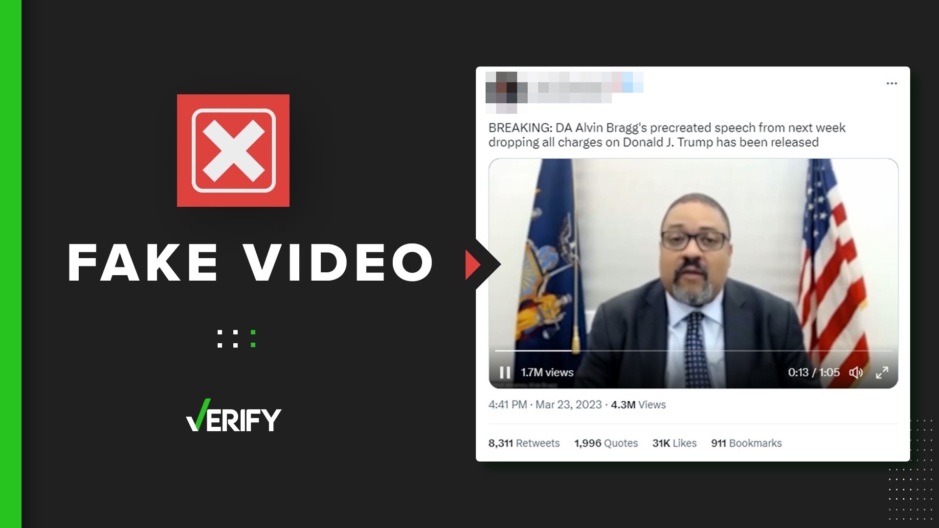 The fake video was created using an appearance Manhattan District Attorney Alvin Bragg made in January 2022. The criminal investigation into Trump isn’t closed.