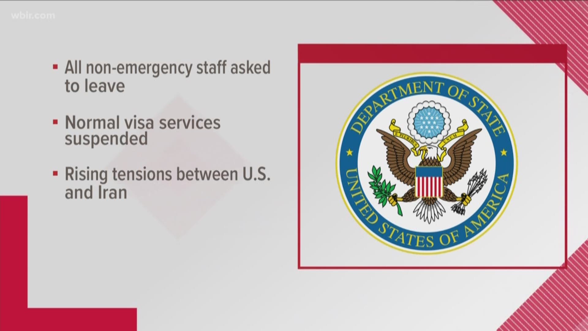 The U.S. Embassy has ordered all non-emergency government staff to leave Iraq right away. Normal visa services there have been suspended. It comes as tensions are rising between the U.S. and nearby Iran.
