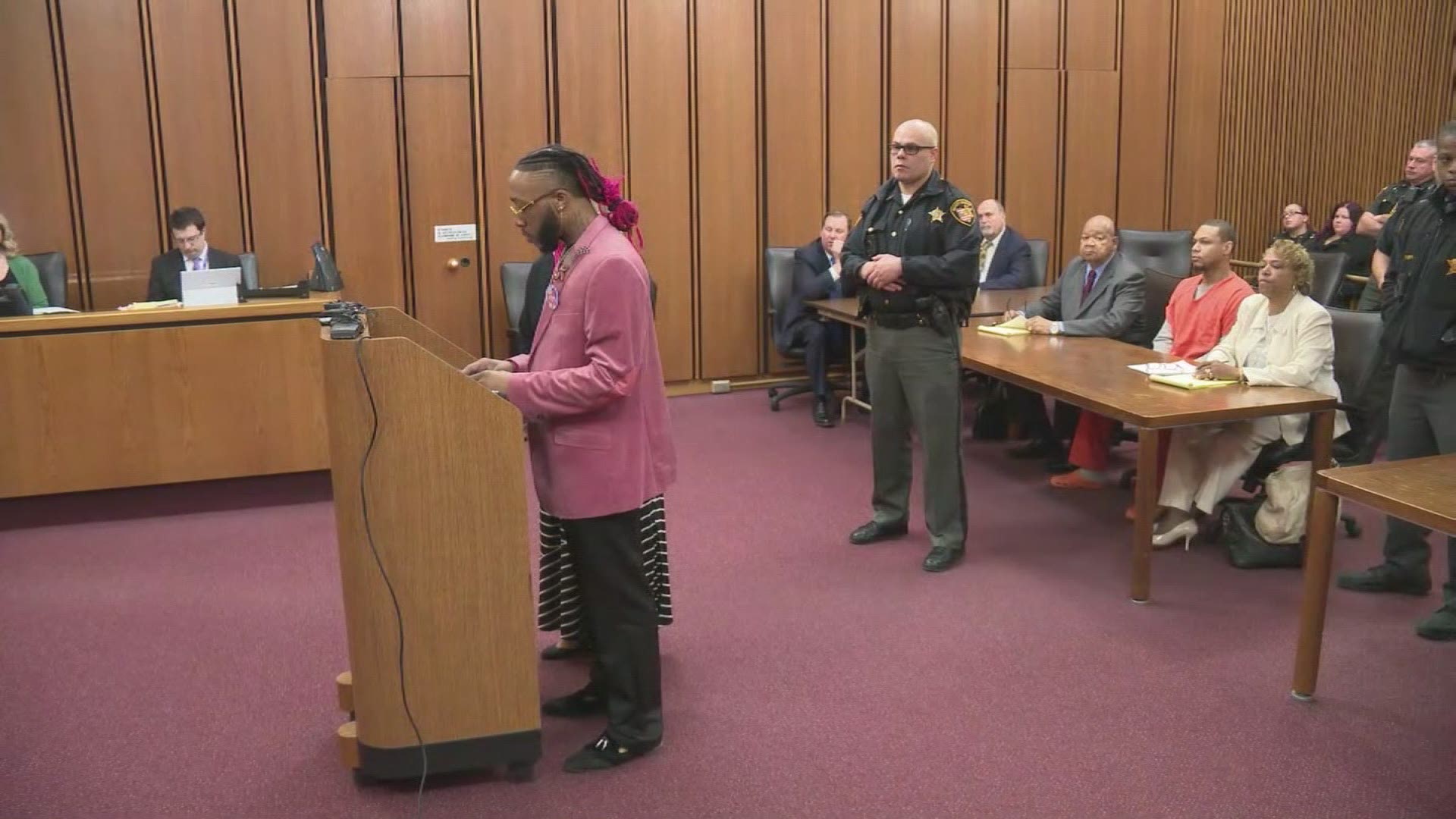 Mickhal Garrett speaks ahead of the sentencing hearing for Sierra Day and Deonte Lewis, convicted in the murder of Aniya Day-Garrett.