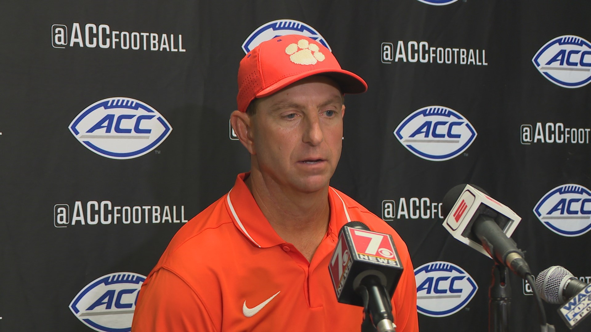 Clemson head football coach Dabo Swinney speaks to the media after his team suffered a 28-7 loss at Duke.