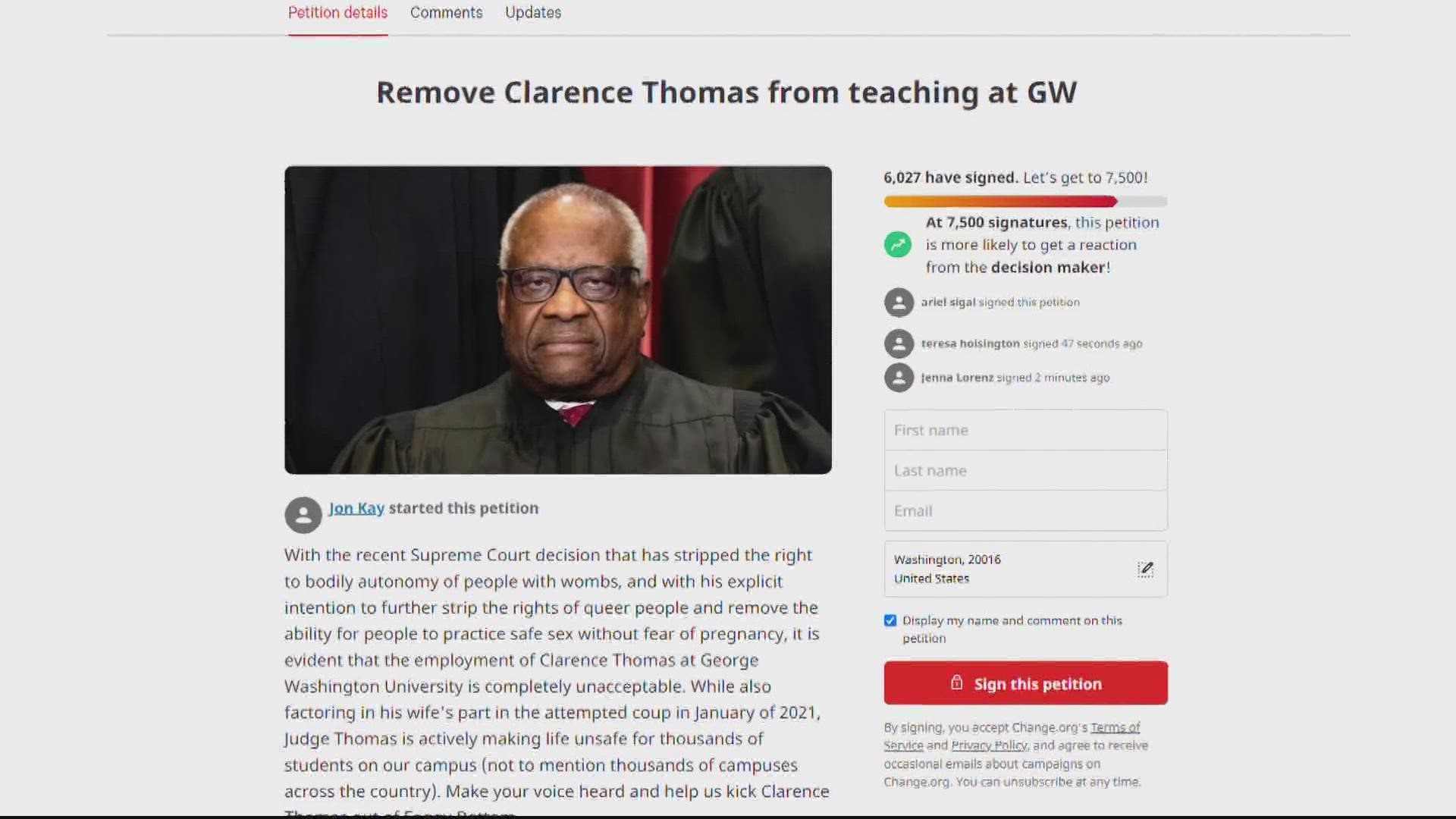 A connection between the petition and Thomas' decision not to teach has not been confirmed.