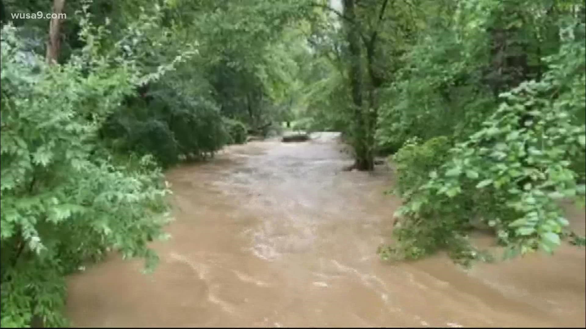 Kolbie Satterfield surveys flood damage throughout Northern Virginia after a morning of heavy rain and floods.