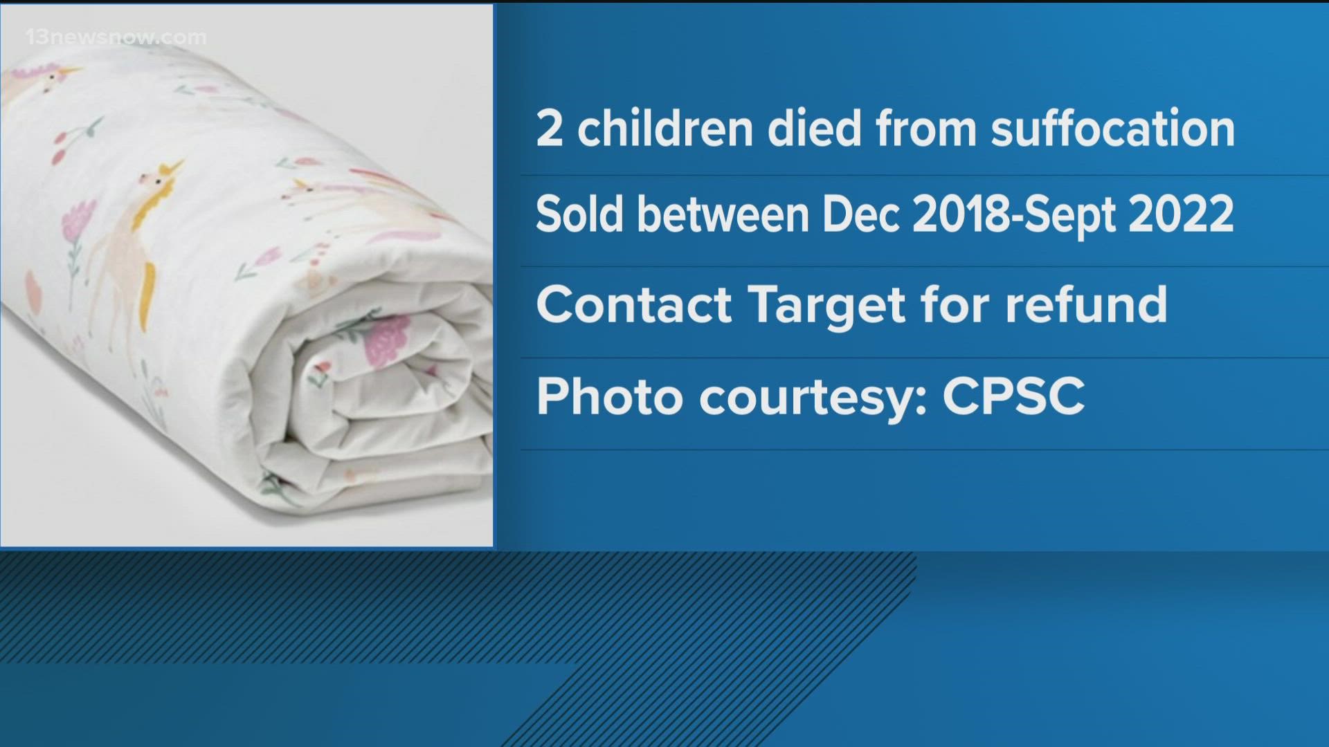 The blankets were sold between December 2018 and September 2022.